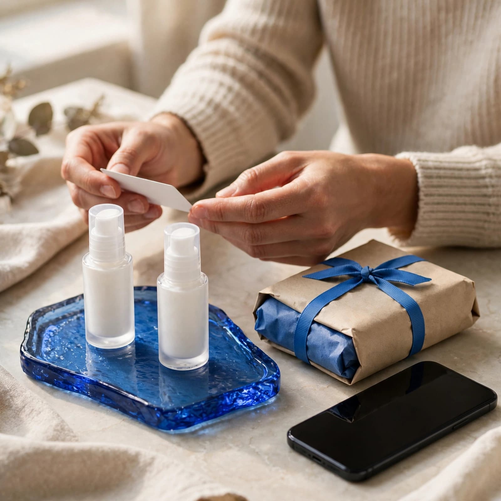 A shopper compares two moisturiser bottles beside a phone and skincare parcel.
