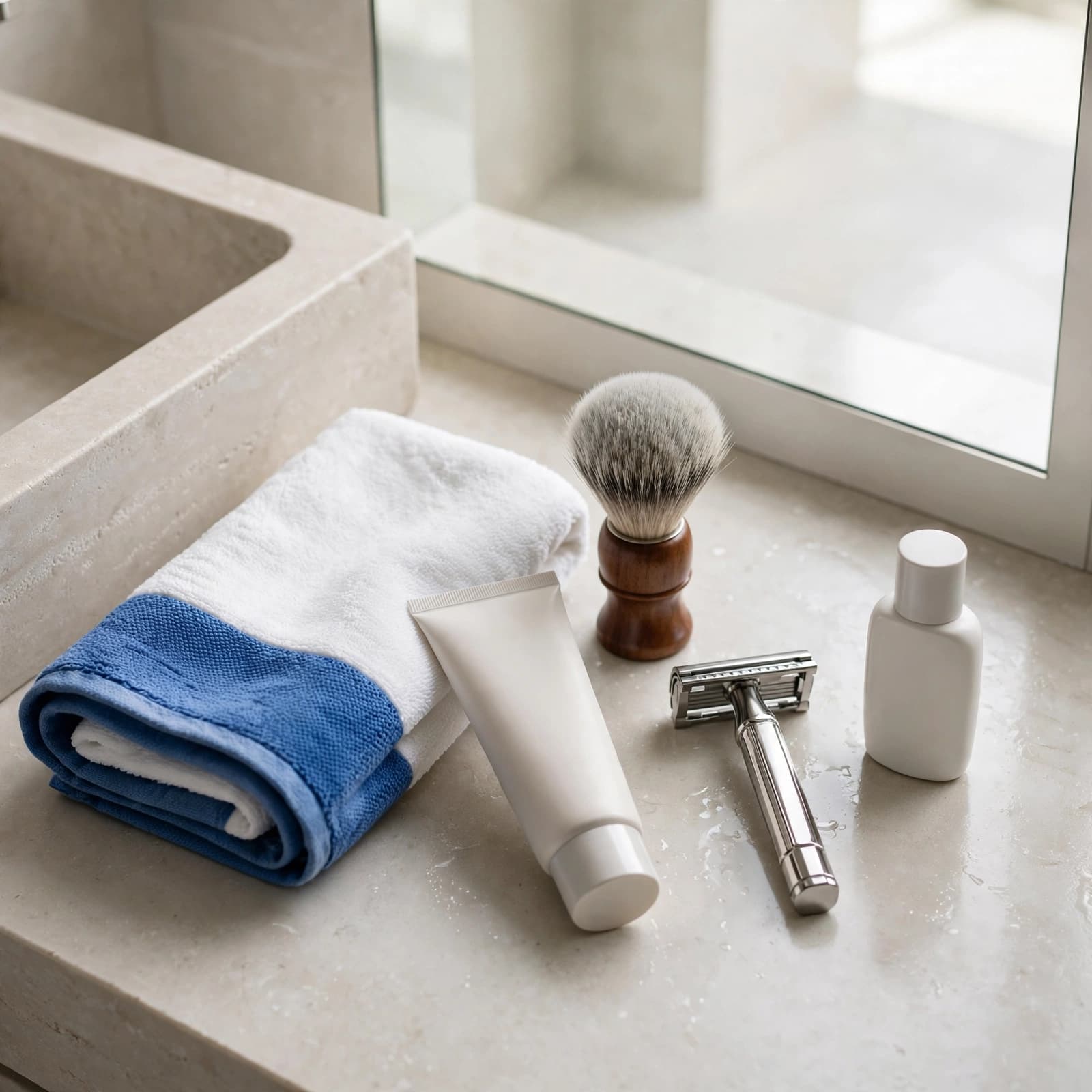 Skincare, shaving, and sunscreen products arranged beside a blue towel in a bright bathroom.