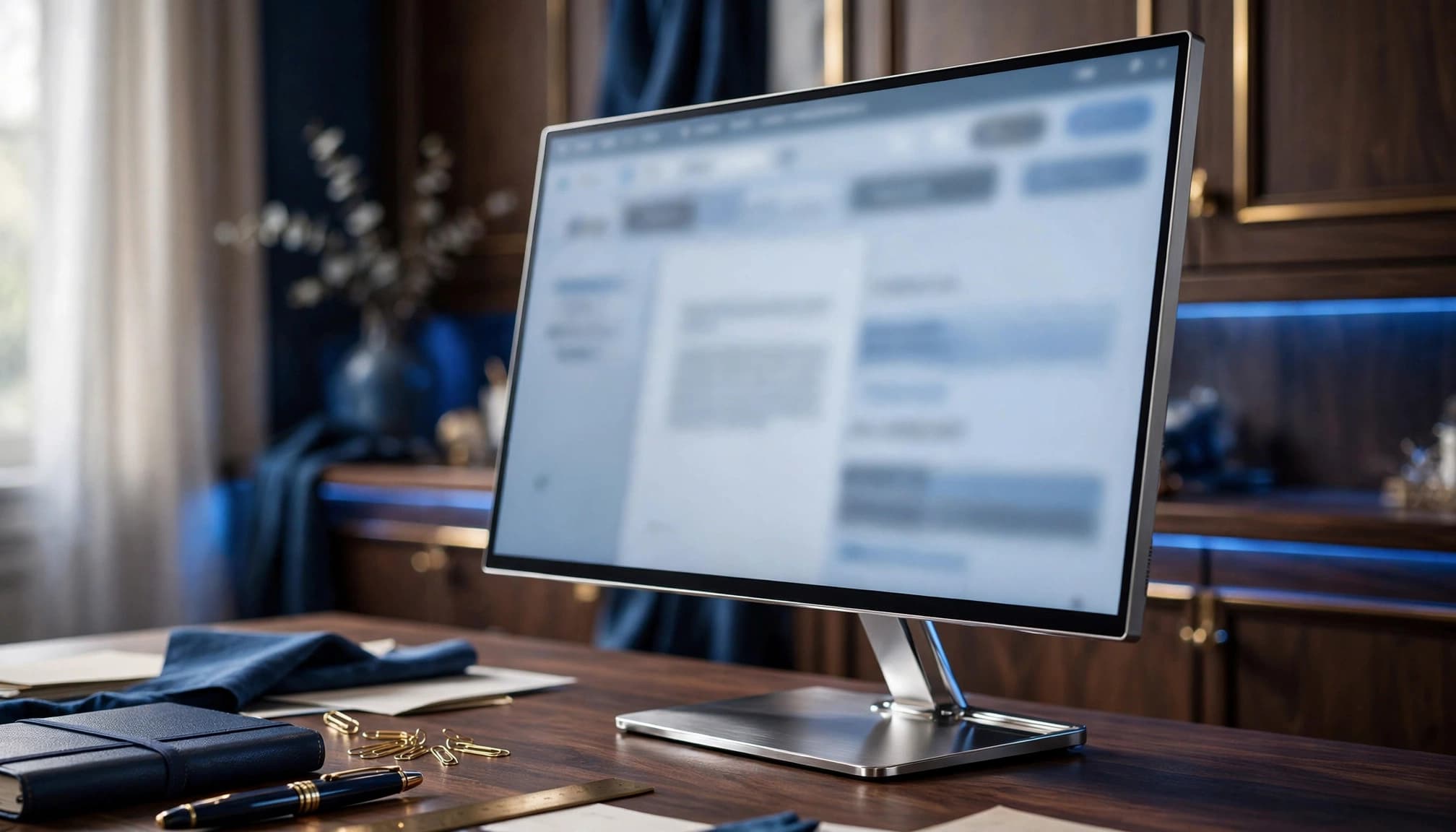 Monitor showing a blurred document workspace in a stylish blue-lit home office.