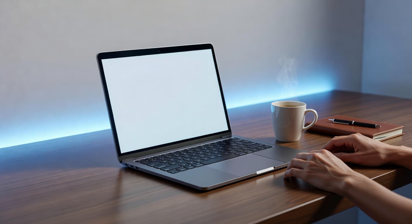 A person rests their hands on a sleek wooden desk while browsing for high-end designer accessories. A steaming cup of coffee and a leather notebook sit beside a premium laptop screen.