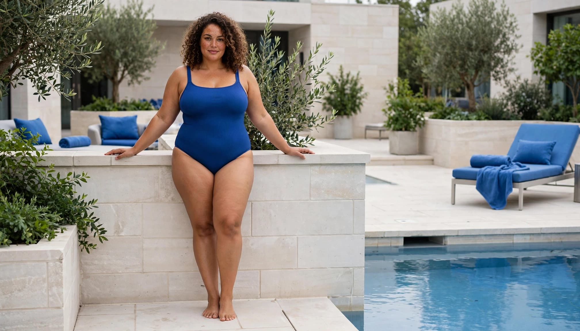Confident plus-size woman in an elegant swimsuit beside a modern hotel pool.