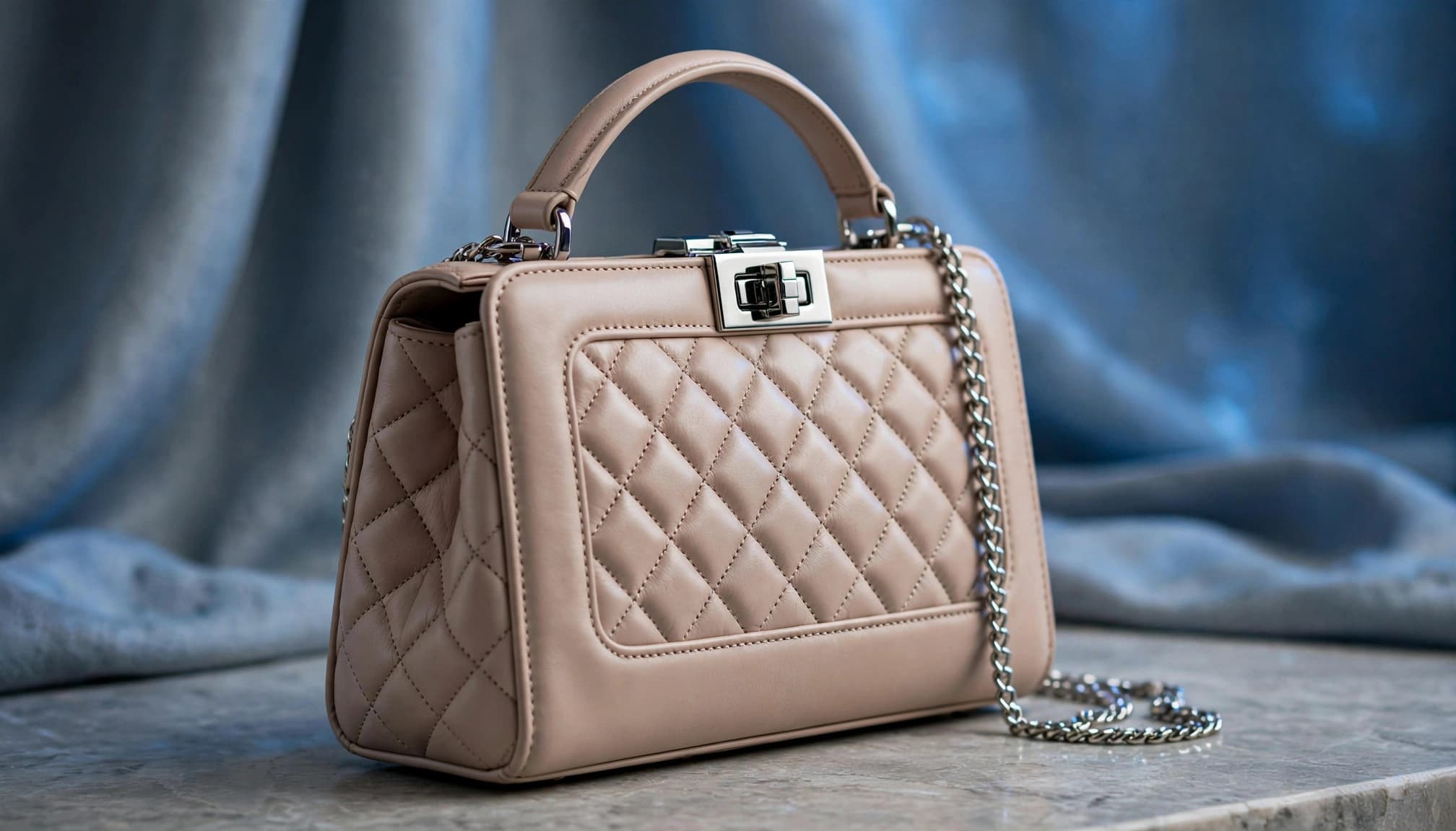 Quilted leather handbag with a chain strap on a stone dressing table.