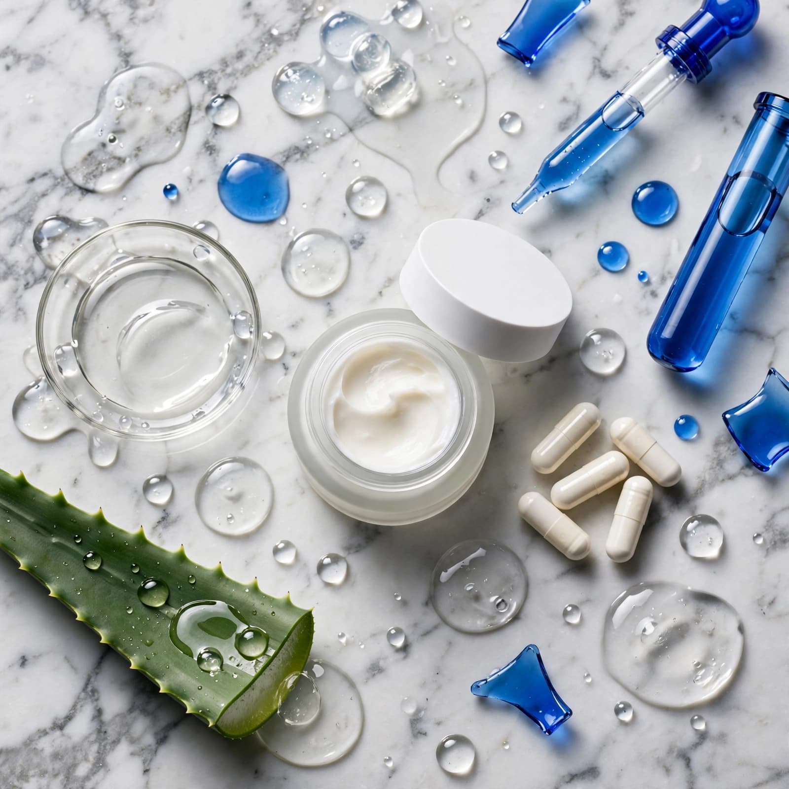 Skincare ingredients and a moisturiser jar arranged on a marble surface with blue glass accents.