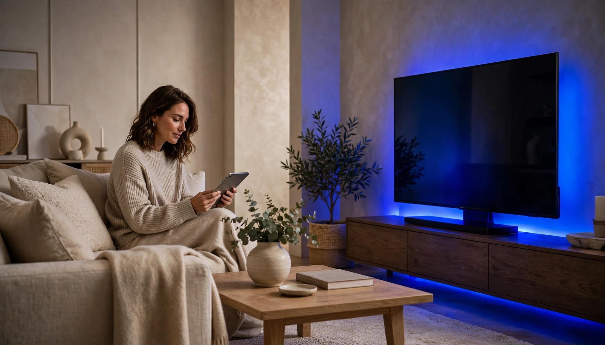 Adult viewer checks a tablet beside a television in a blue-lit luxury living room.