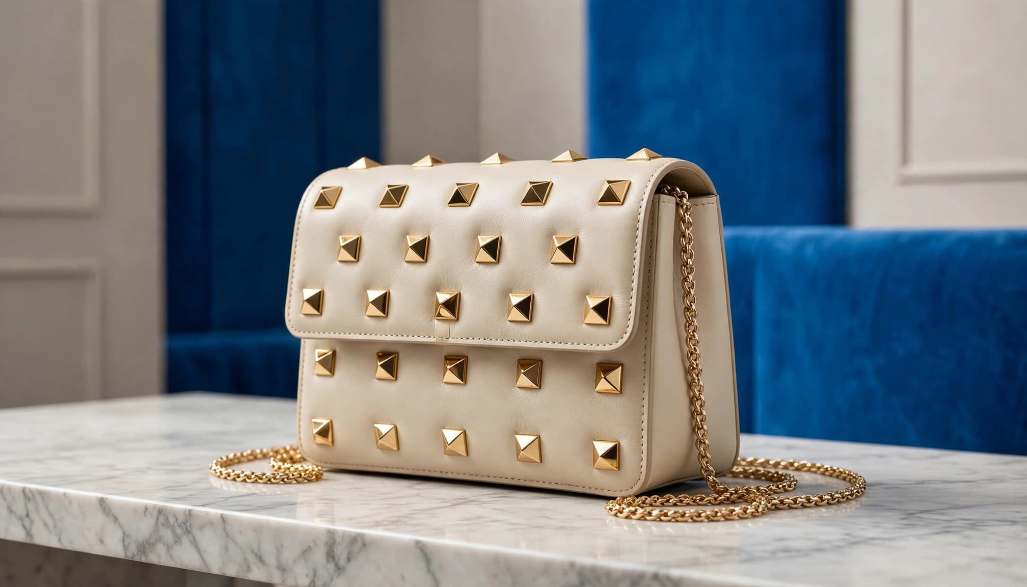 A studded leather handbag with a chain strap sits on a marble table.