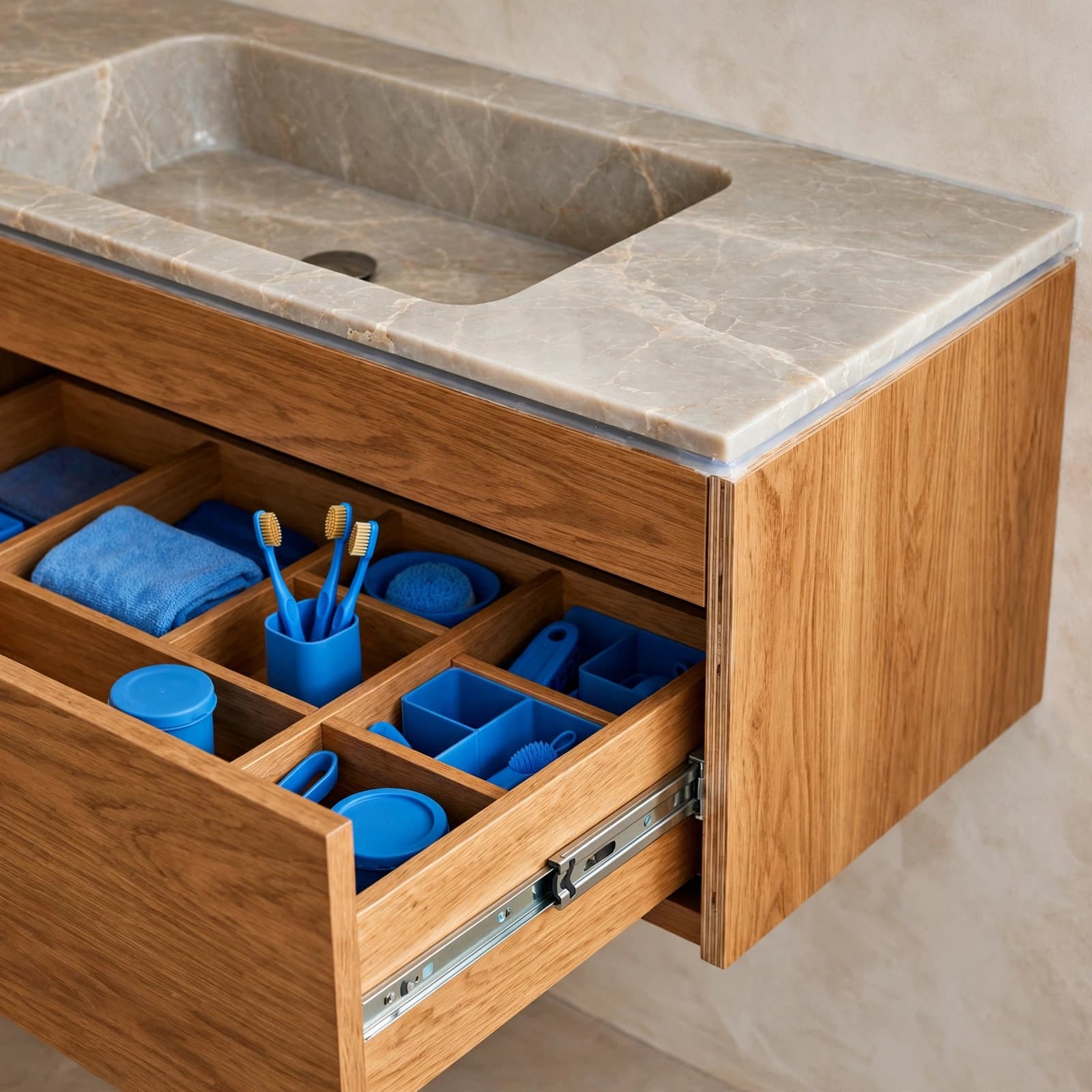 Wall-hung bathroom vanity with an integrated basin and partly open drawers.