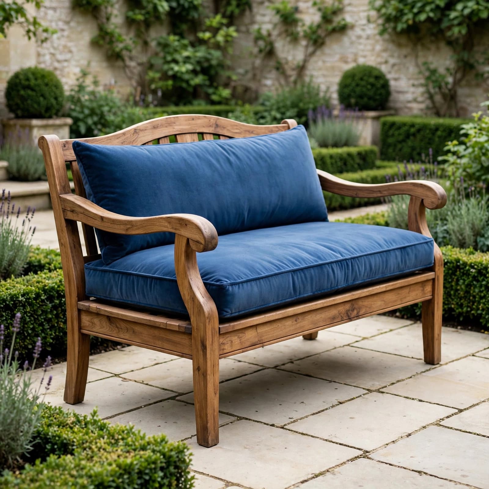 Wooden Garden Seats: A Practical UK Buyer's Guide 1 Wooden garden bench with blue cushions in a manicured courtyard.