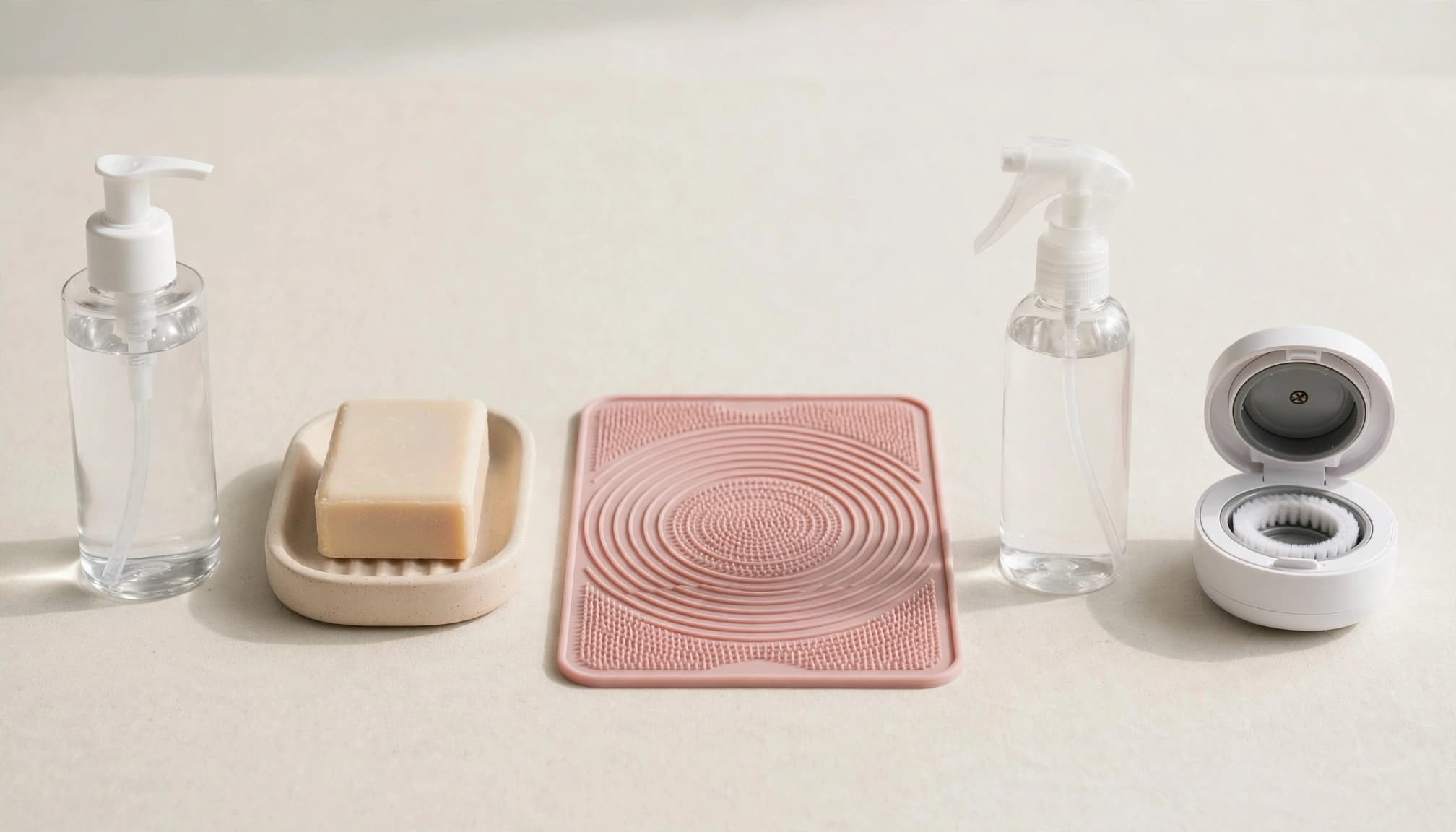 Five makeup brush cleaning tools arranged on a pale worktop.