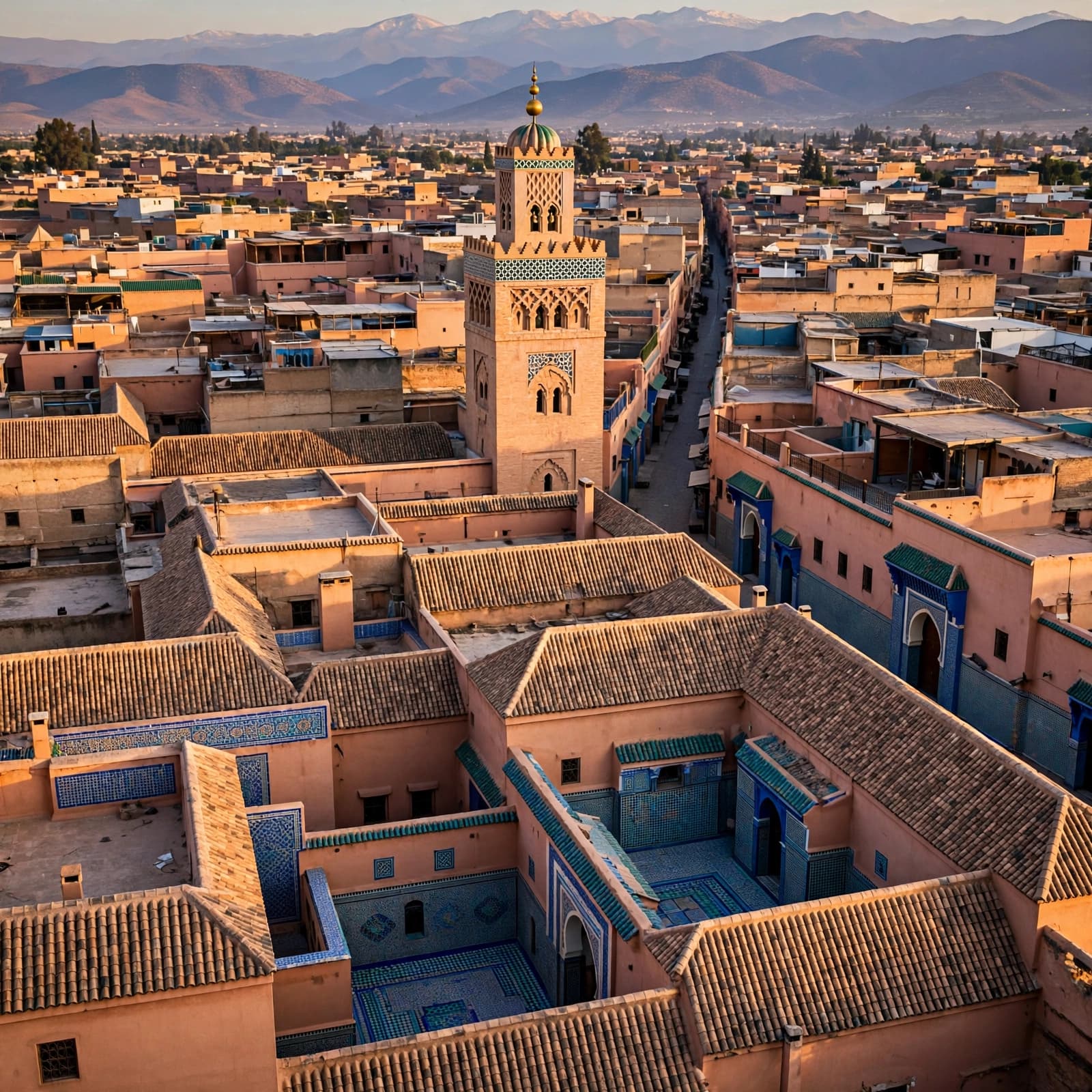 Terracotta rooftops and a minaret rise above Marrakech's old city.