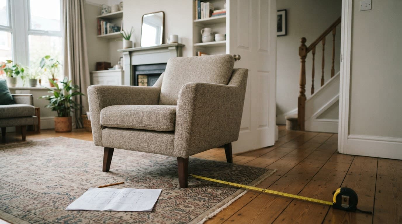 An armchair with a tape measure and floor plan near a clear doorway.
