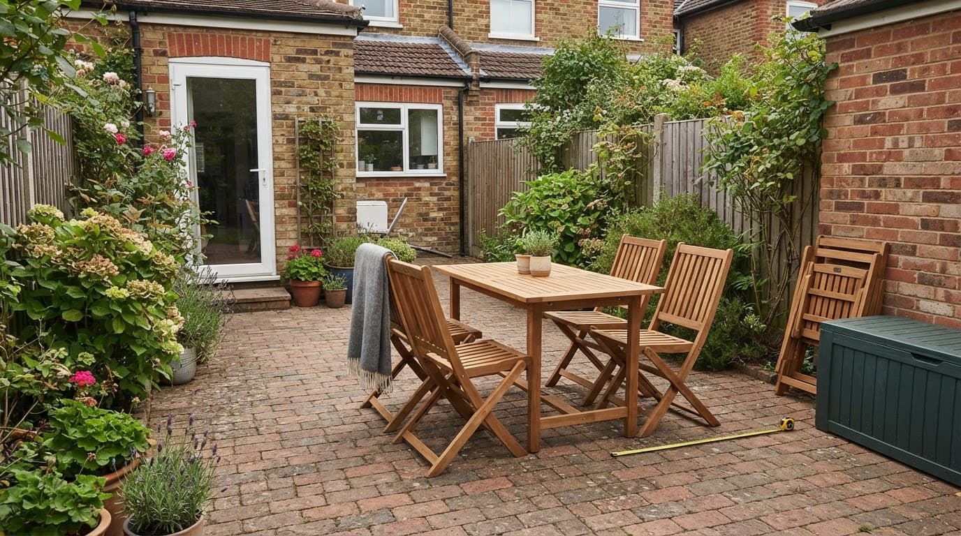 Four chairs surround a patio table with open walking space and a measuring tape nearby.