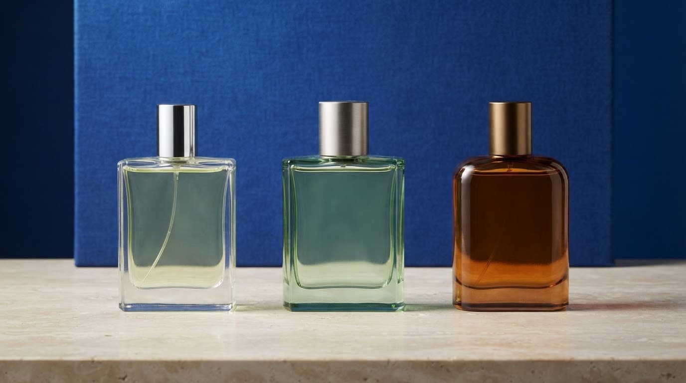Three men's fragrance bottles in citrus, green, and amber tones on a pale stone surface.