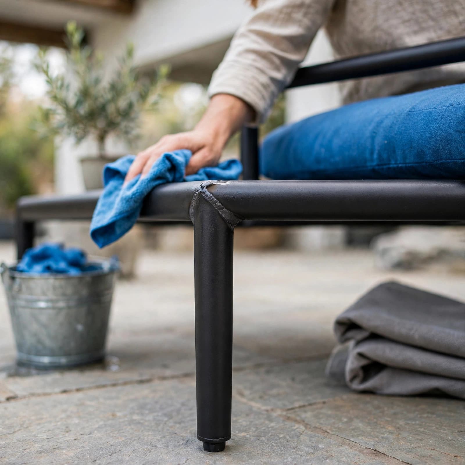Metal Bench Buying Guide: Materials, Comfort and Value 3 A person cleans a metal bench joint with a soft cloth on a tiled patio.