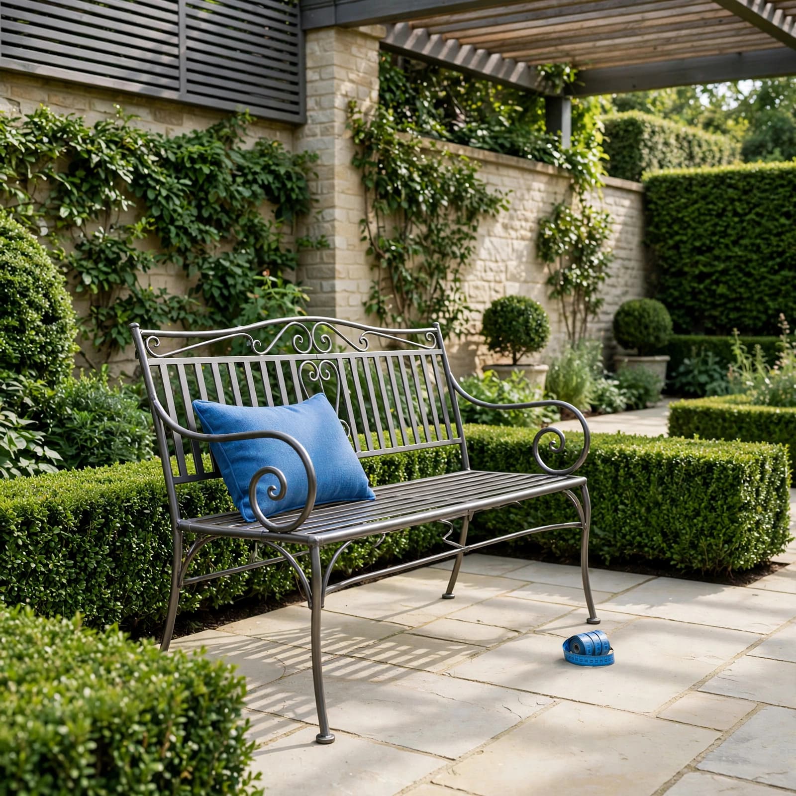 Metal Bench Buying Guide: Materials, Comfort and Value 2 Metal garden bench with a measuring tape on a paved terrace.