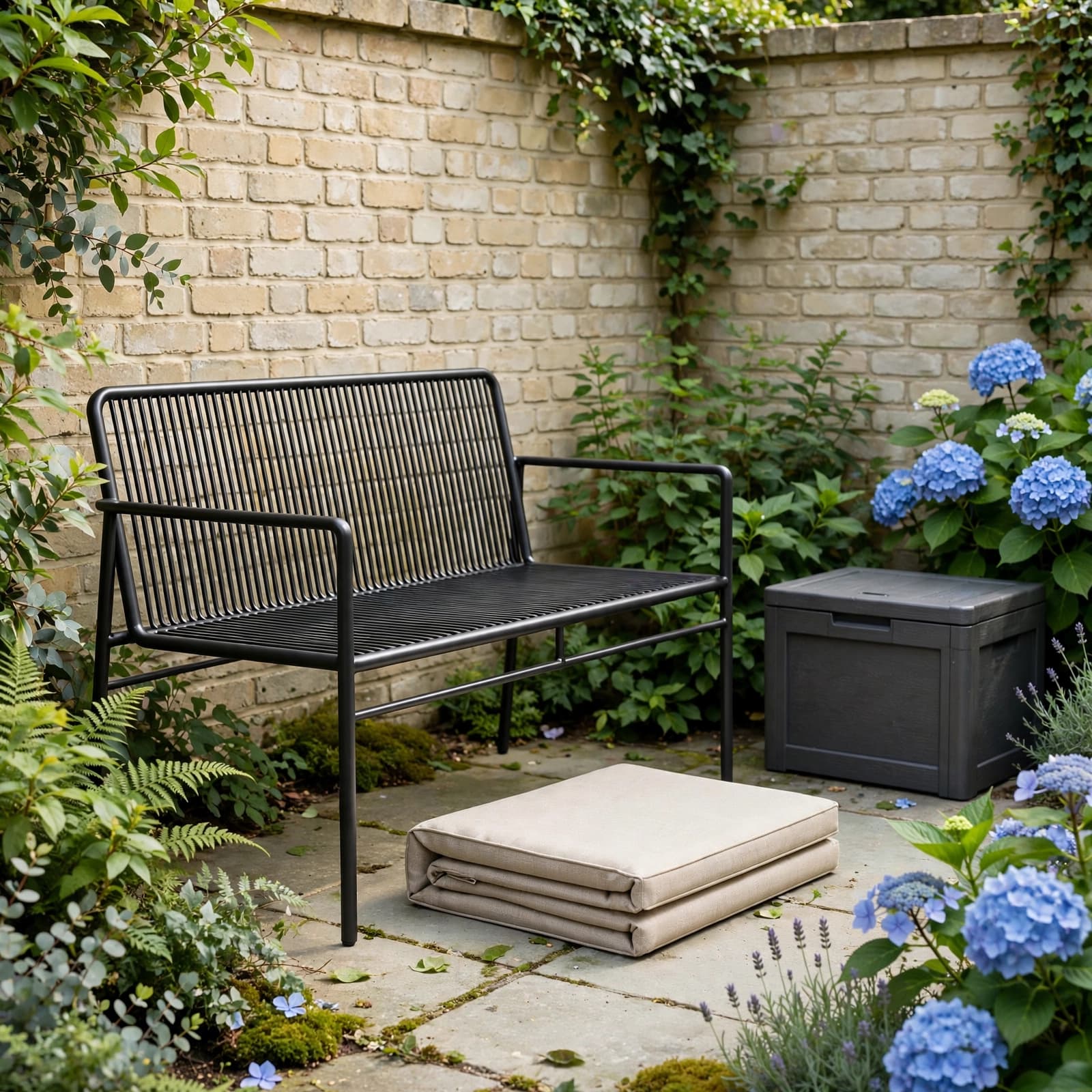 Metal Garden Bench Buying Guide: Comfort, Rust and Value 3 A metal garden bench sits beside a folded cushion and storage box among blue hydrangeas.