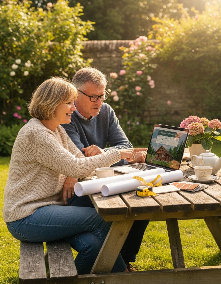 Log Cabin Cost Calculator: Work Out Your Real Budget UK 3 Couple planning a log cabin on a laptop