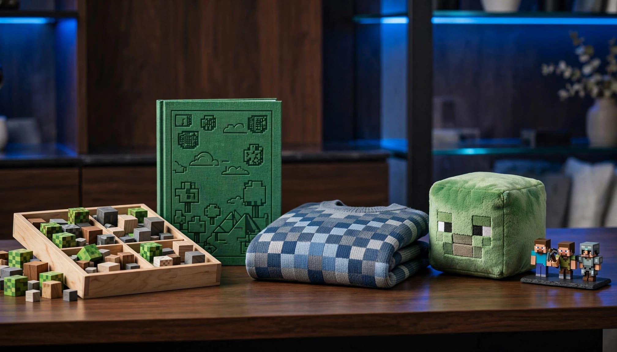 Five pixel-inspired products arranged on a dark wood display in a modern study.