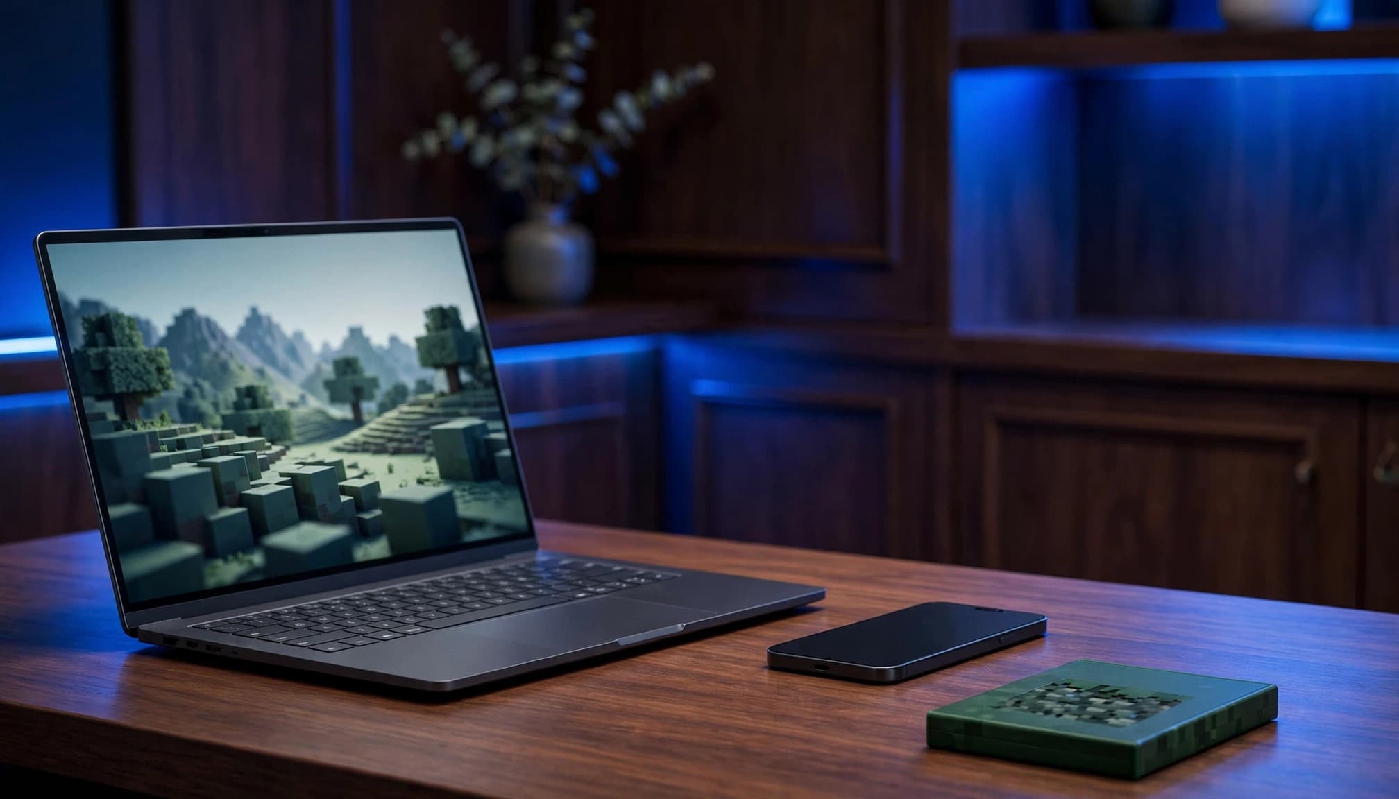 Laptop, smartphone, and game case arranged on a dark wood office desk.