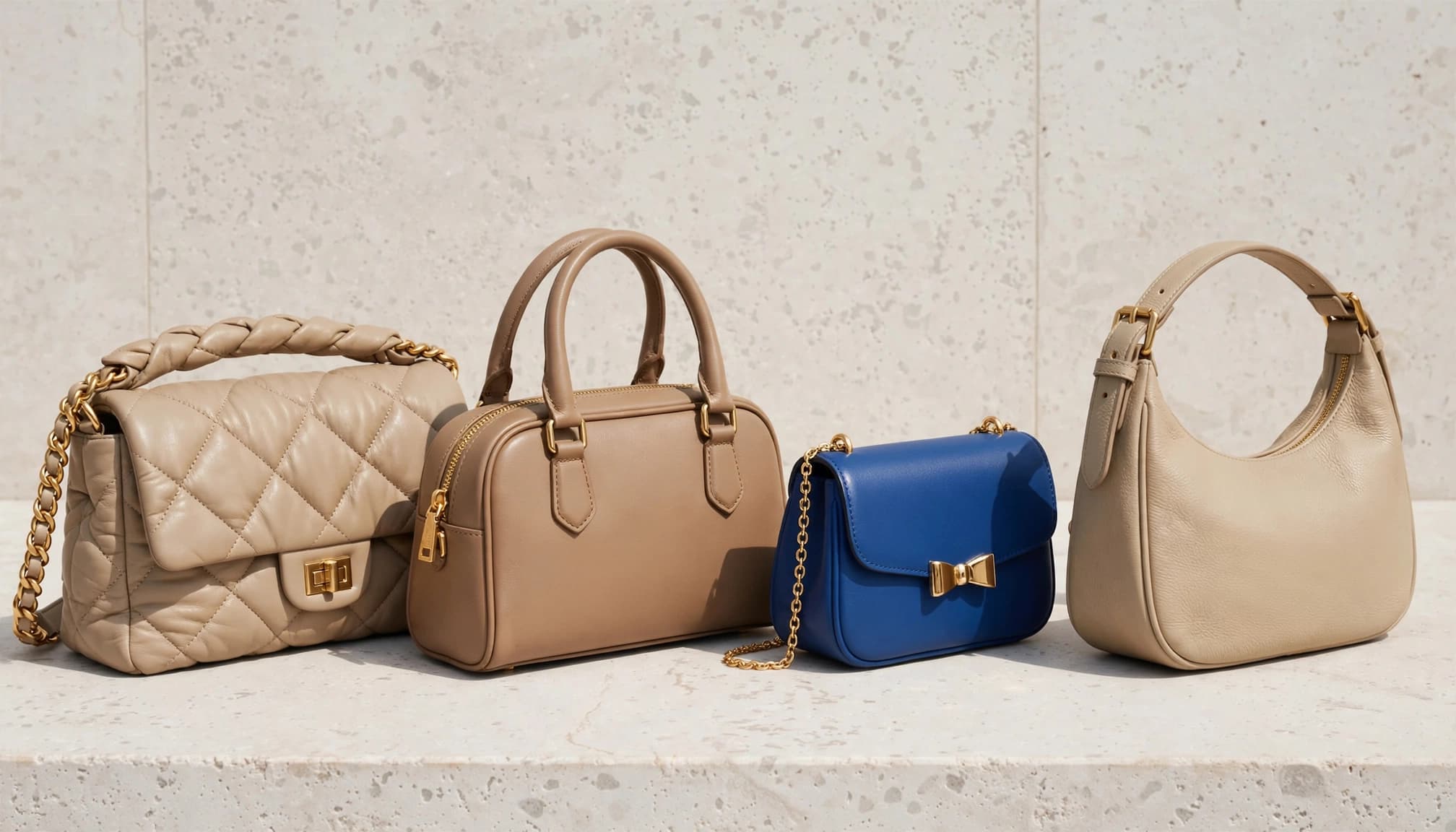 Four luxury handbags in different shapes arranged on a pale stone surface.