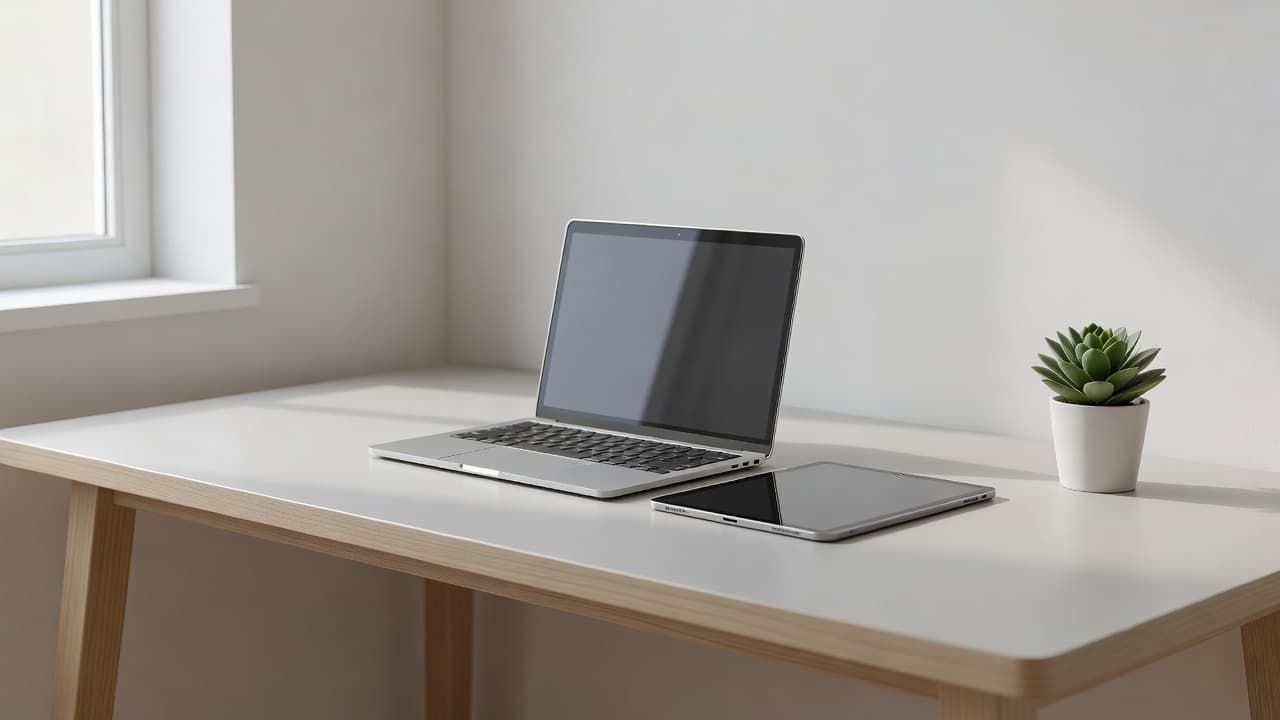 A sleek laptop and slim tablet both with Office 365 sit together on a minimalist wooden surface. Soft daylight streams from a nearby window, casting gentle shadows across the clean, neutral-toned professional workspace.