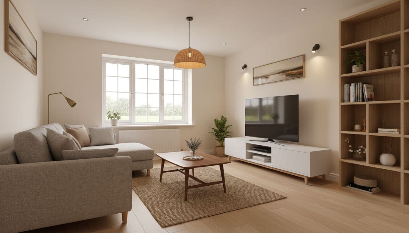 North-Facing Living Room Lighting Ideas For UK Homes That Actually Brighten The Space 8 Modern UK rental-friendly north-facing living room with plug-in and clip-on lighting
