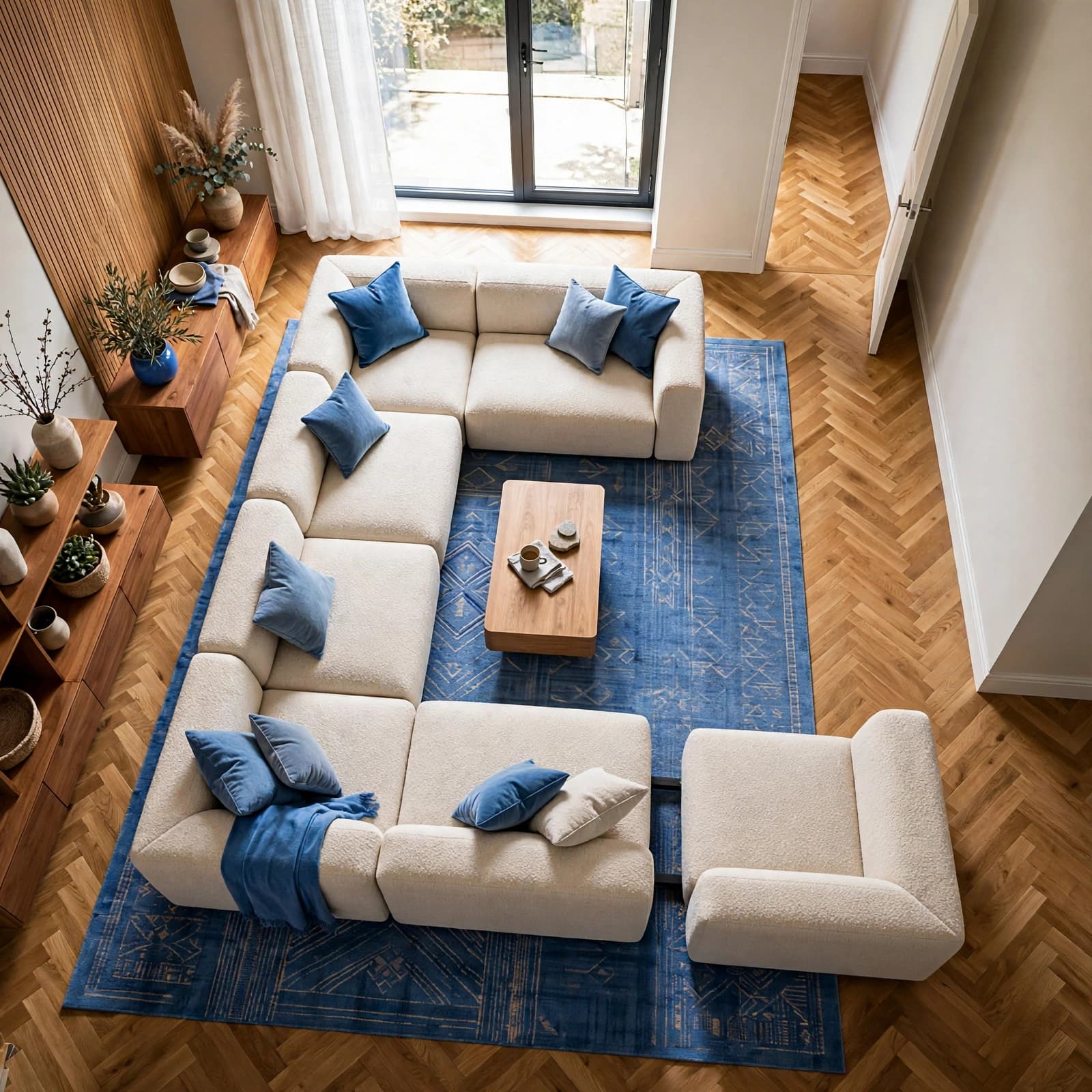 A U-shaped sofa with one section slightly separated sits on a blue rug near a clear walkway.