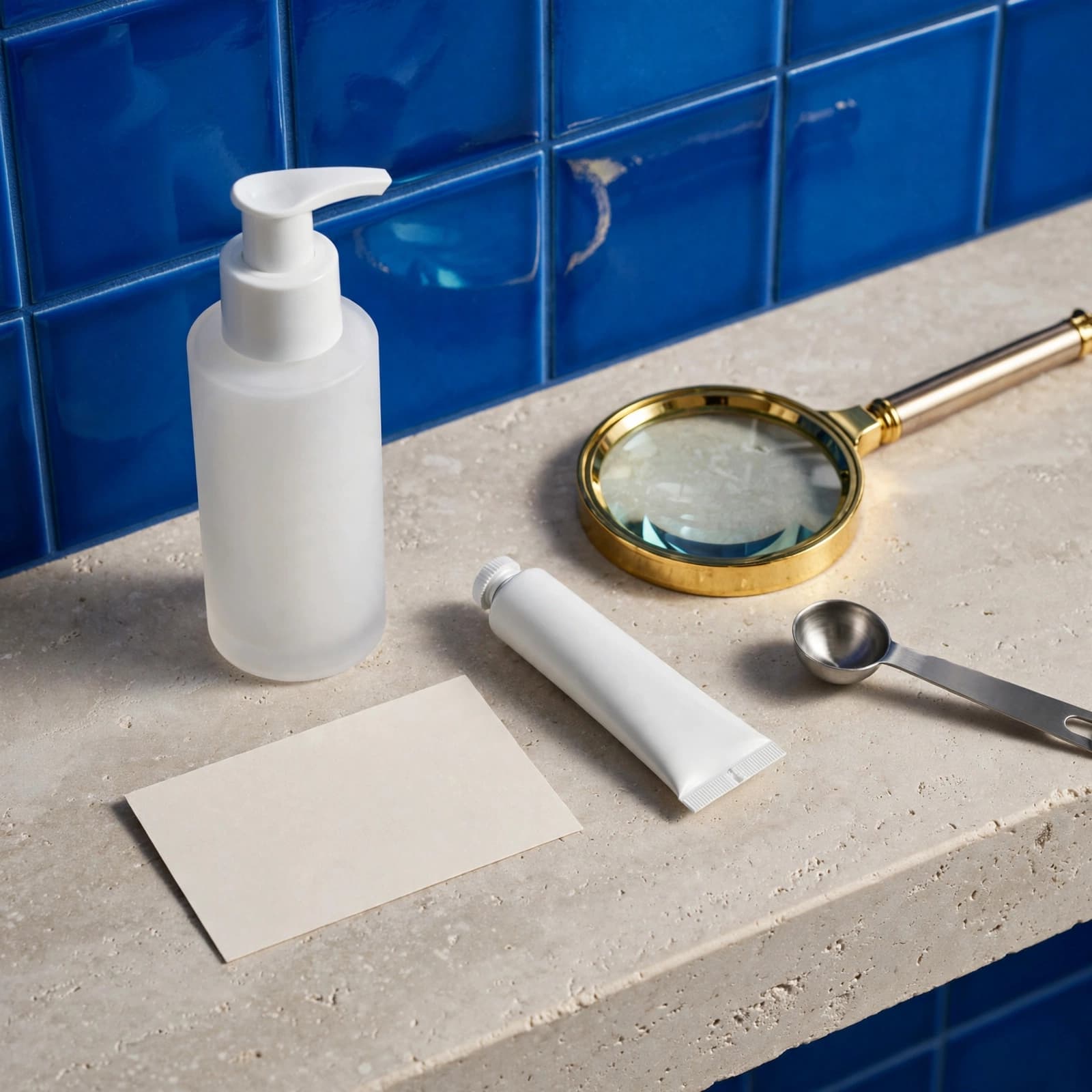 Moisturiser bottles with a magnifying glass and measuring spoon on a stone shelf.