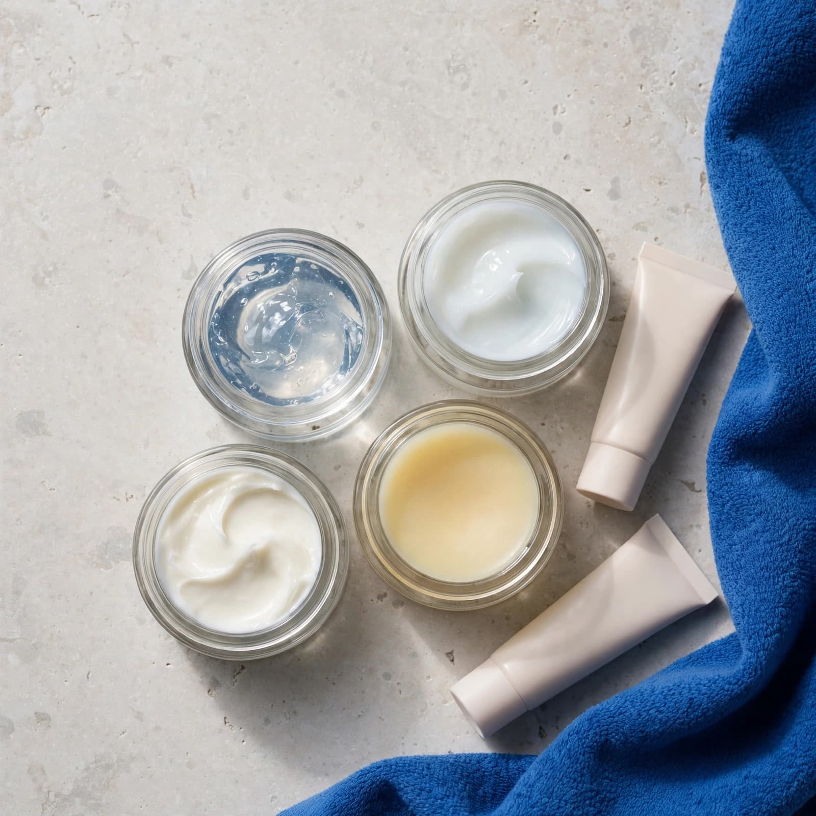 Four moisturiser textures in glass pots sit beside skincare tubes on a pale stone surface.