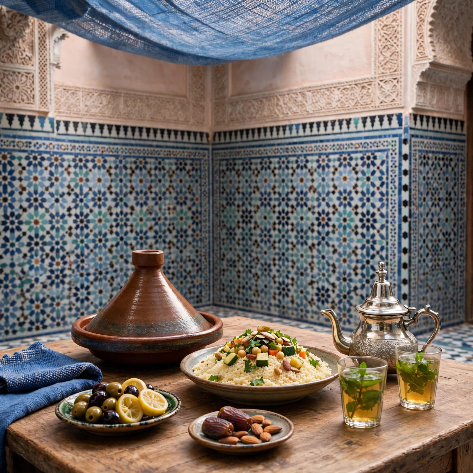 A tagine, couscous, small plates, and mint tea on a tiled Moroccan courtyard table.