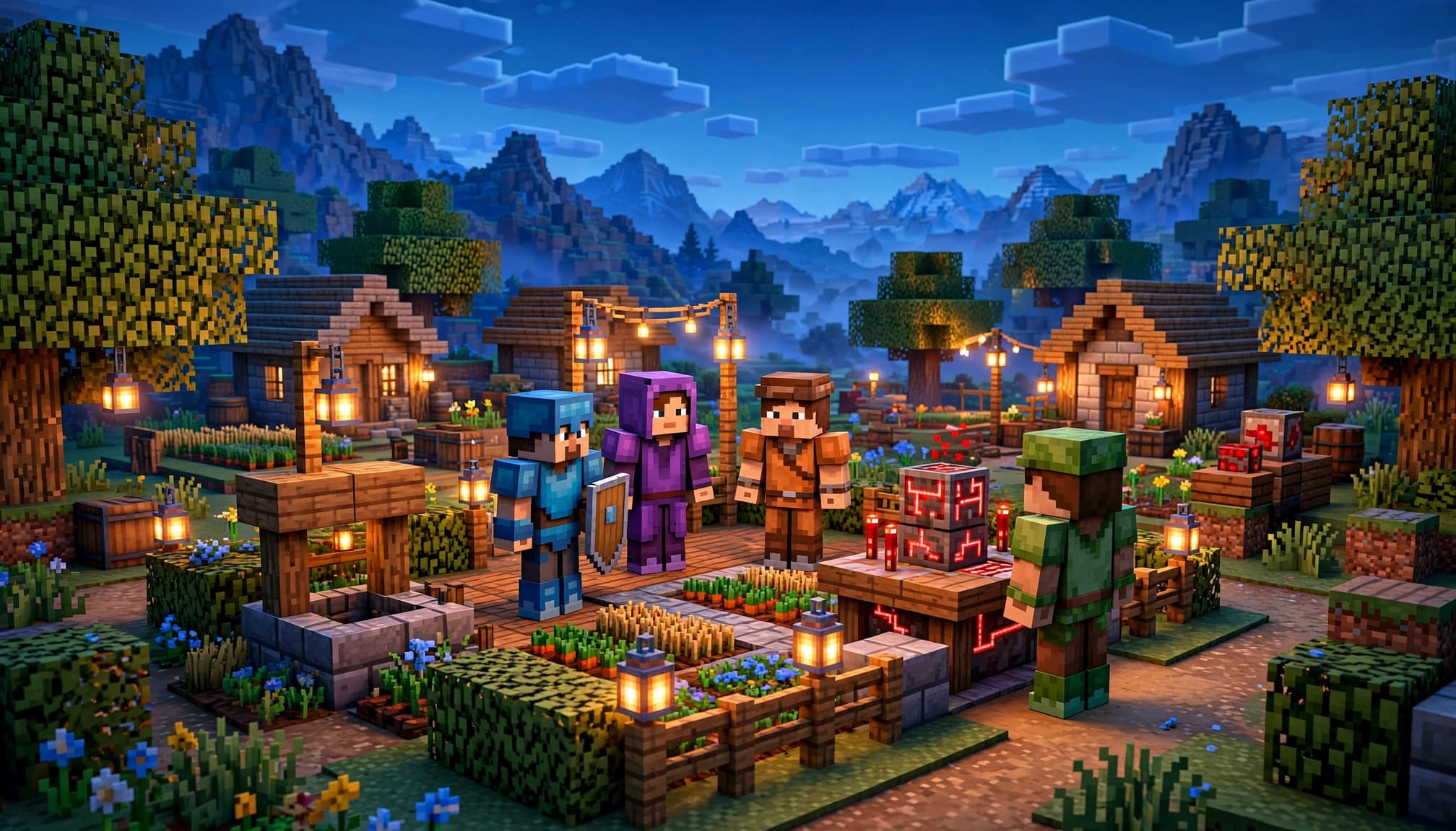 Four blocky players collaborate around a village build, with a shield and redstone machine nearby.