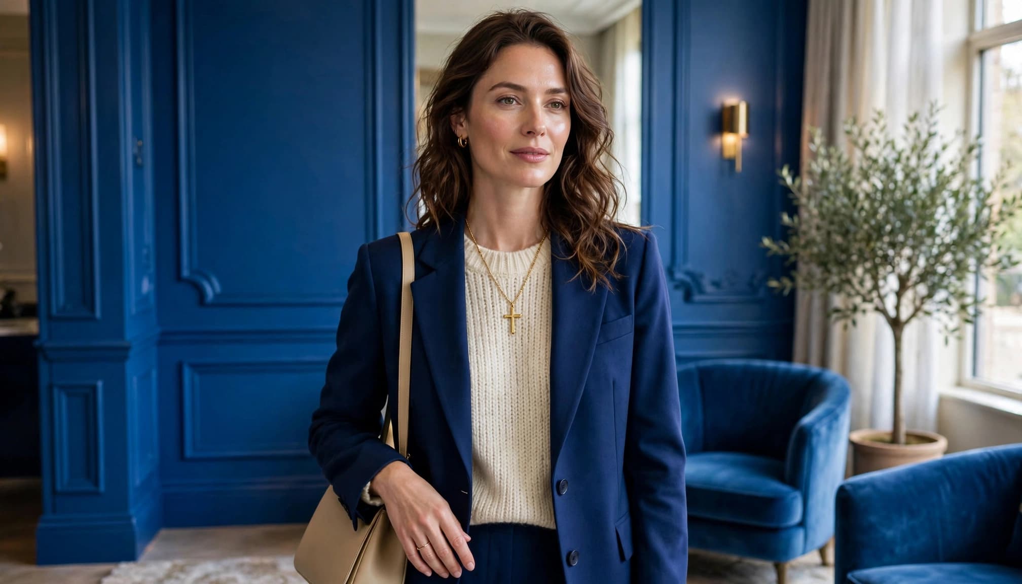 Cross Necklace Buying Guide: Style, Quality and Value 3 Woman in a navy blazer and cream jumper wearing a gold cross necklace.
