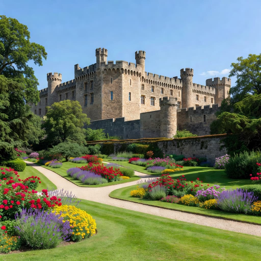 The grand stone facade of Nottingham Castle stands tall under a bright blue sky. A manicured green garden with pathways stretches across the foreground, framing the historic architecture in daylight.