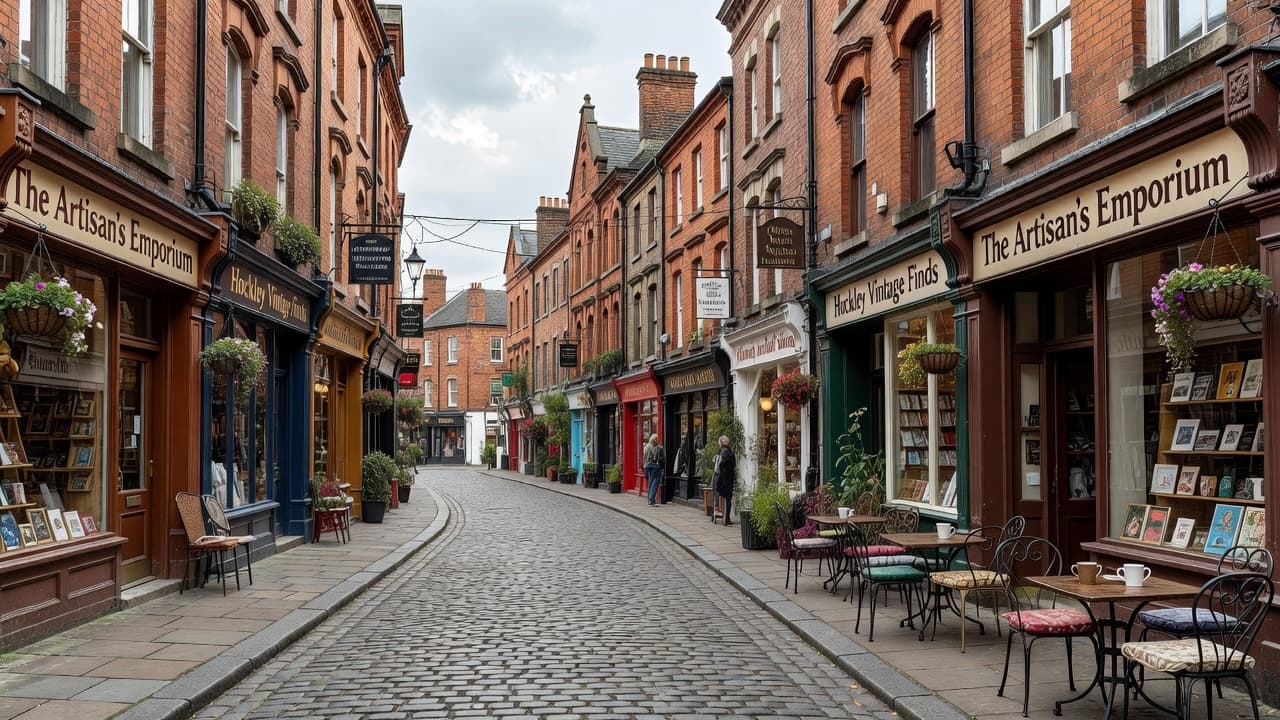 Vintage brick storefronts line a quiet cobblestone street in Nottingham, accented by round bistro tables and chairs placed on the pavement. Sunlight softly illuminates the classic architecture of the local shops.