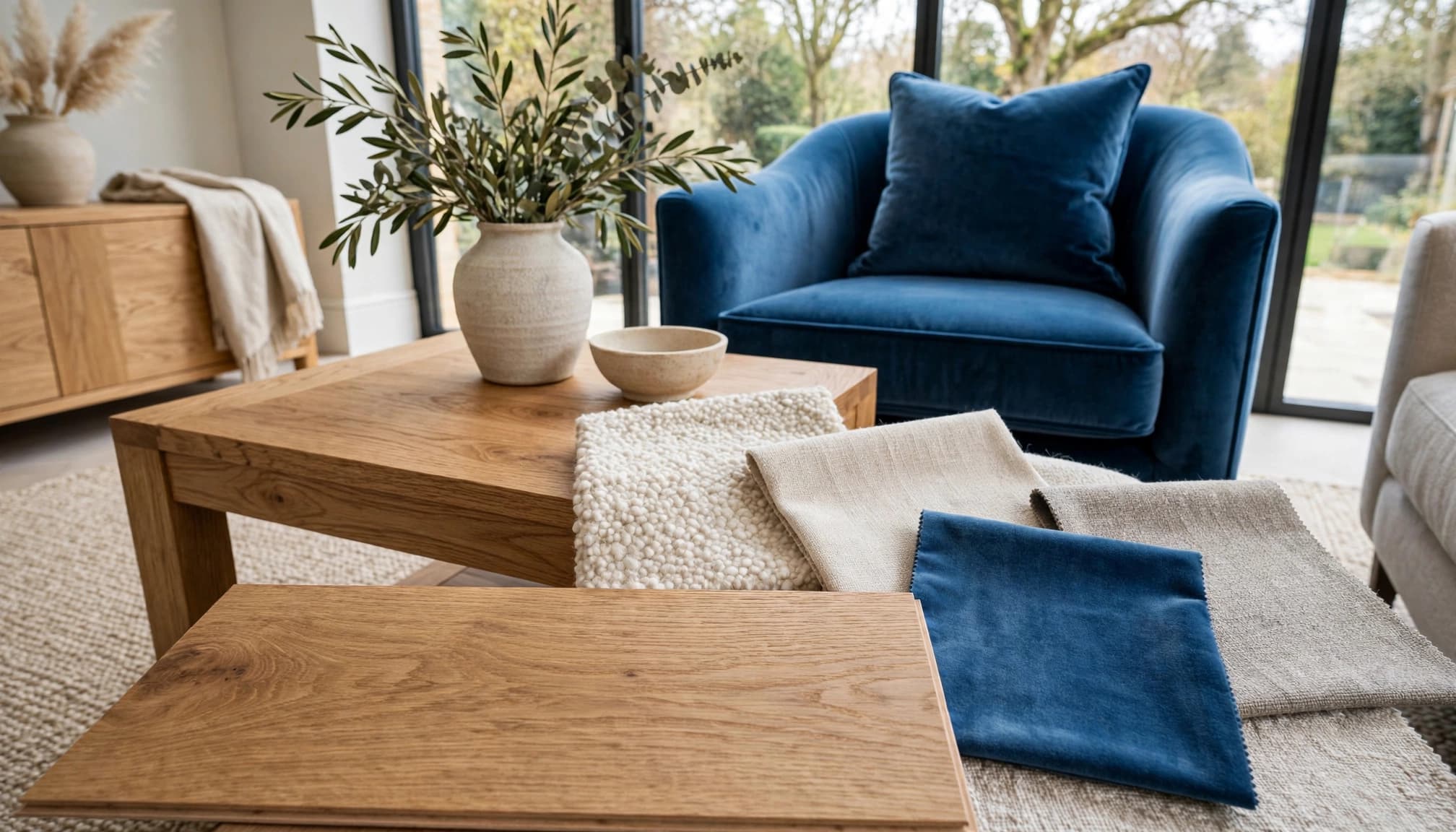 An oak flooring sample sits beside a blue chair and fabric swatches in a bright sitting room.