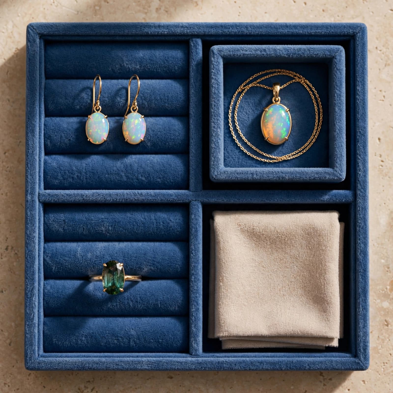 Opal pendant, tourmaline ring, and birthstone earrings sit in lined compartments beside a cleaning cloth.