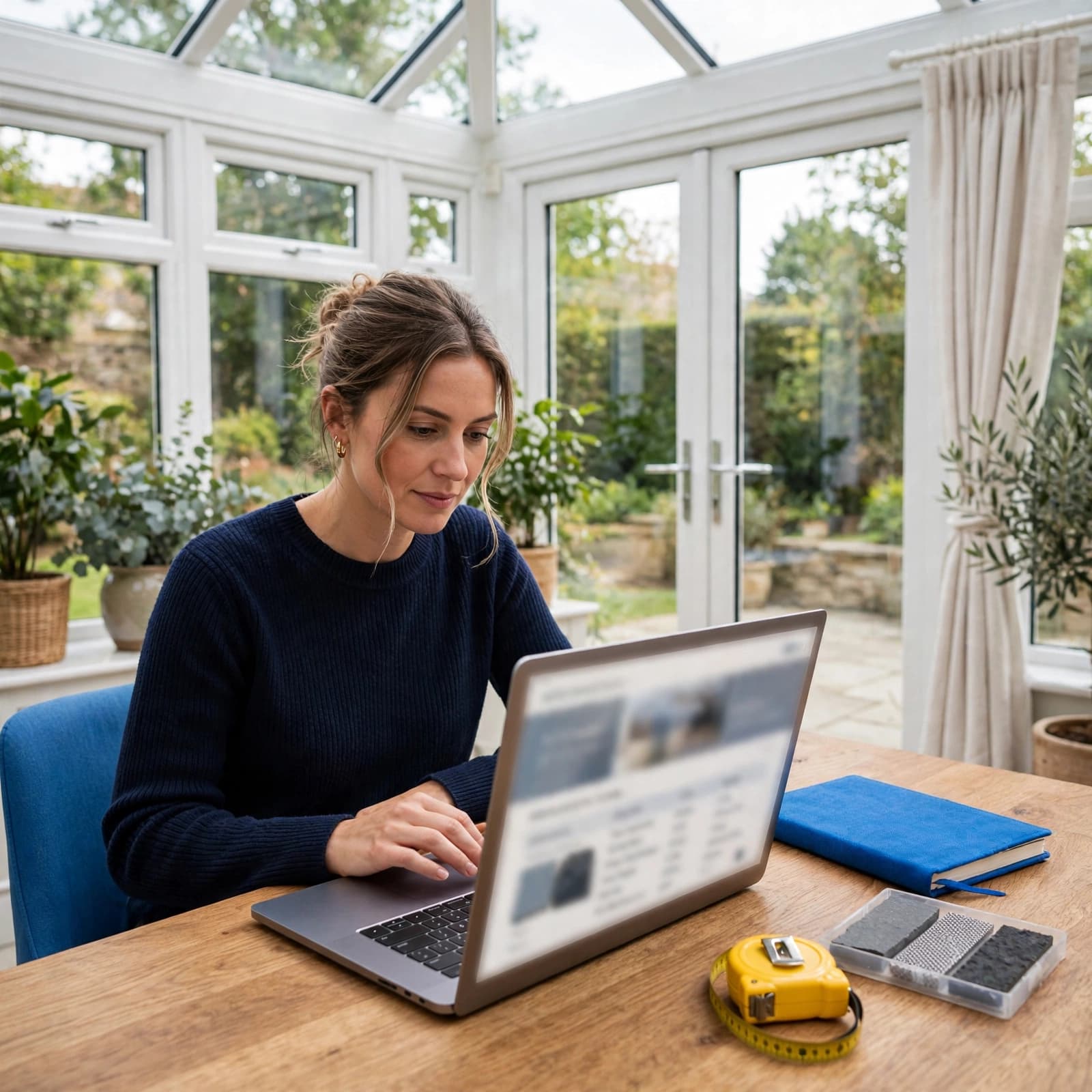 Fire Pit Ideas That Make UK Gardens More Usable 3 A shopper compares fire pit details on a laptop beside a notebook and tape measure.