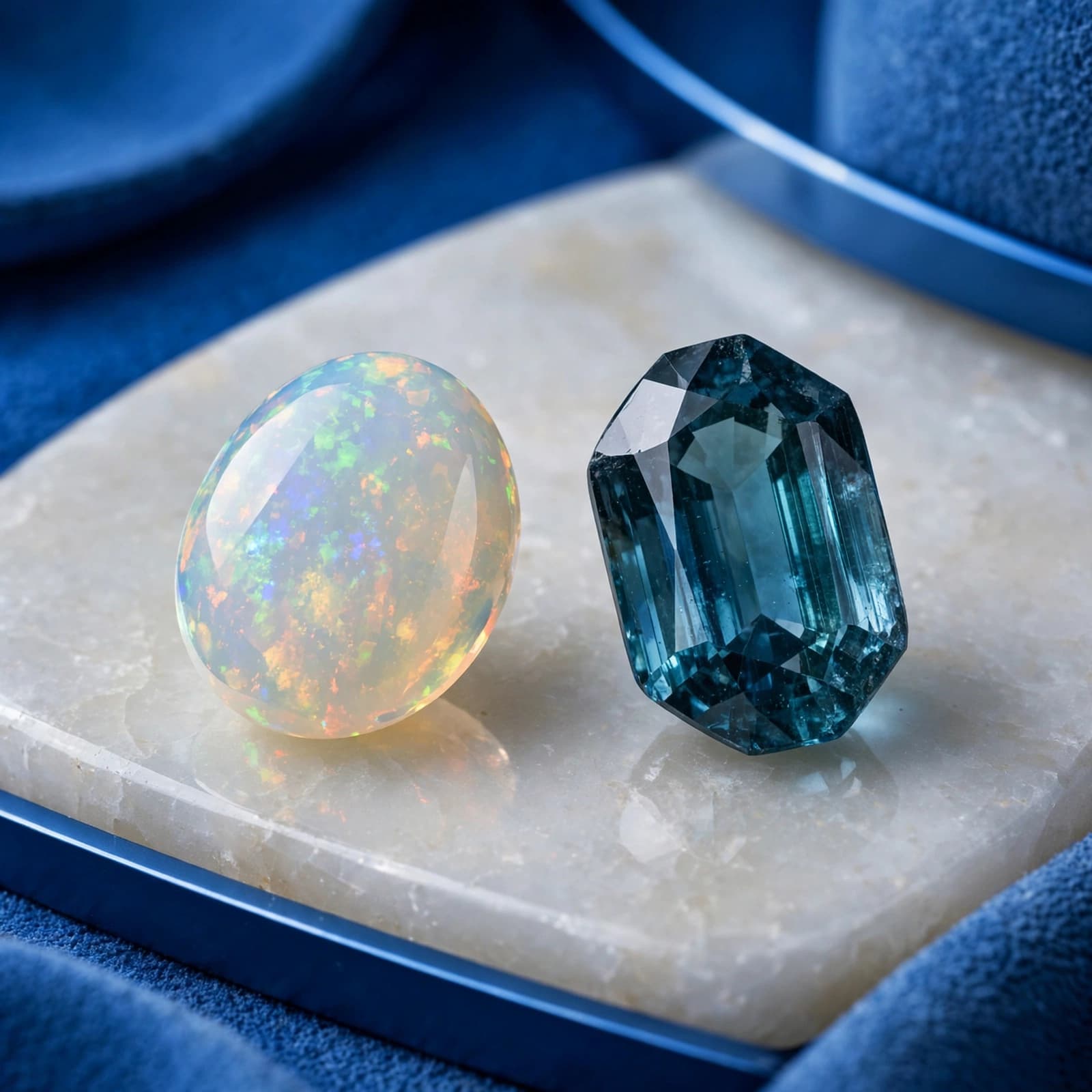 Opal and tourmaline gemstones displayed side by side on a pale polished surface.