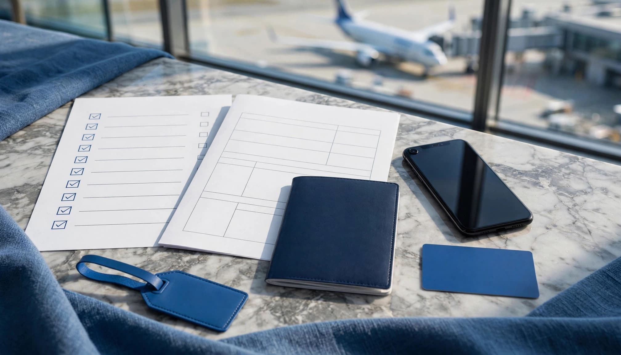 Travel checklist with a phone, passport, itinerary, luggage tag, and payment card on a lounge table.