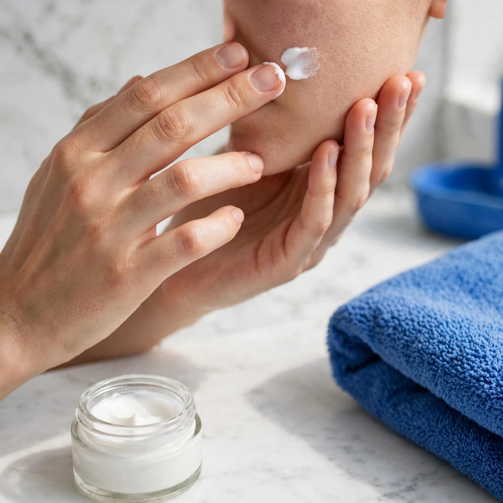 Two clean hands apply moisturizer to a cropped cheek in a bright bathroom.
