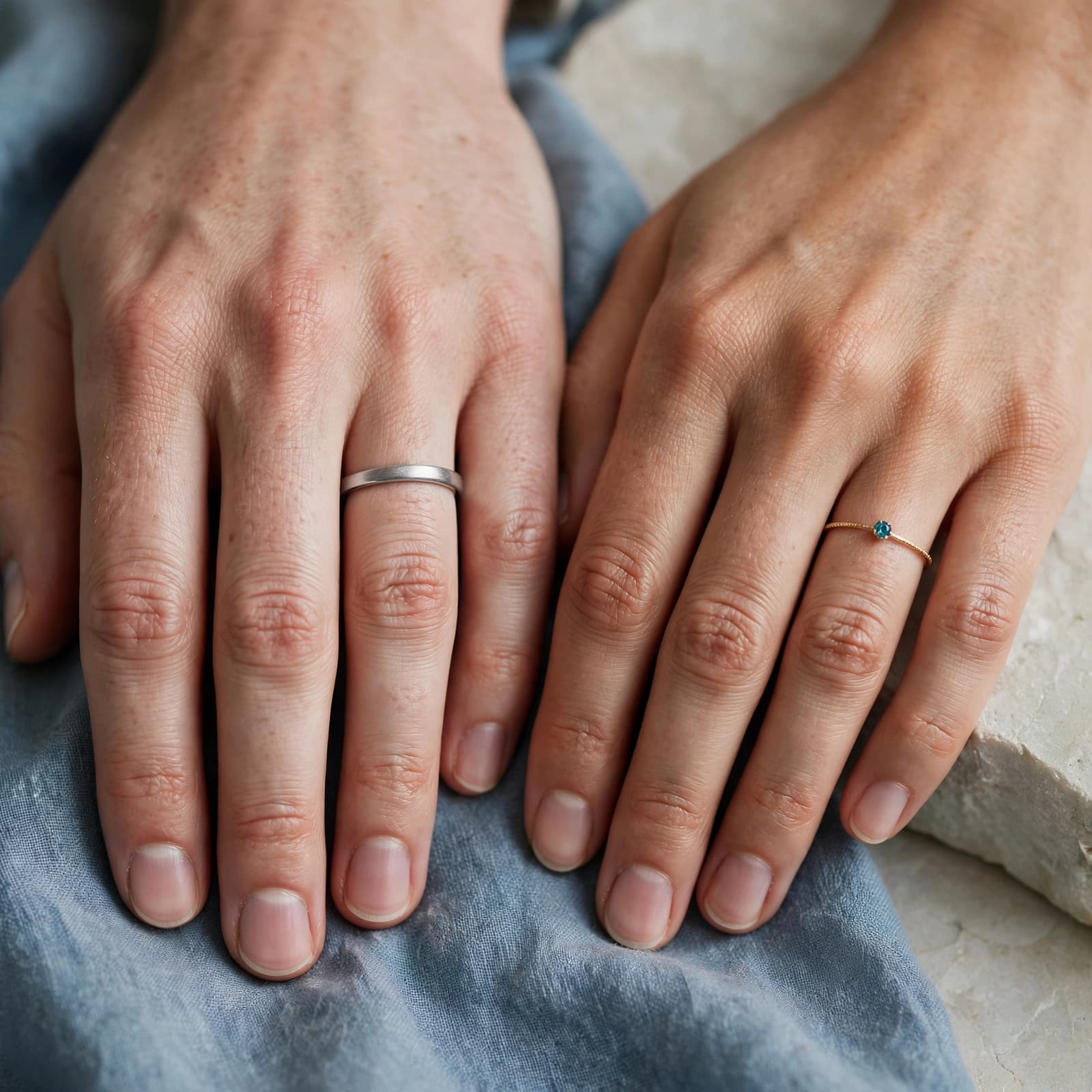 Promise Ring Buying Guide: Meaning, Fit and Value 2 Two hands wear different promise rings against a muted blue and pale stone background.