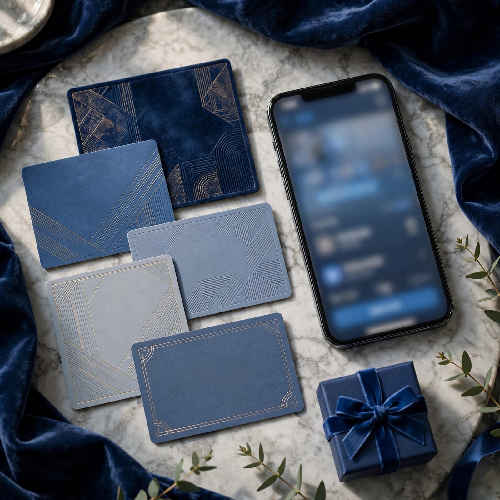 Physical and digital gift cards arranged with a smartphone and small gift box.