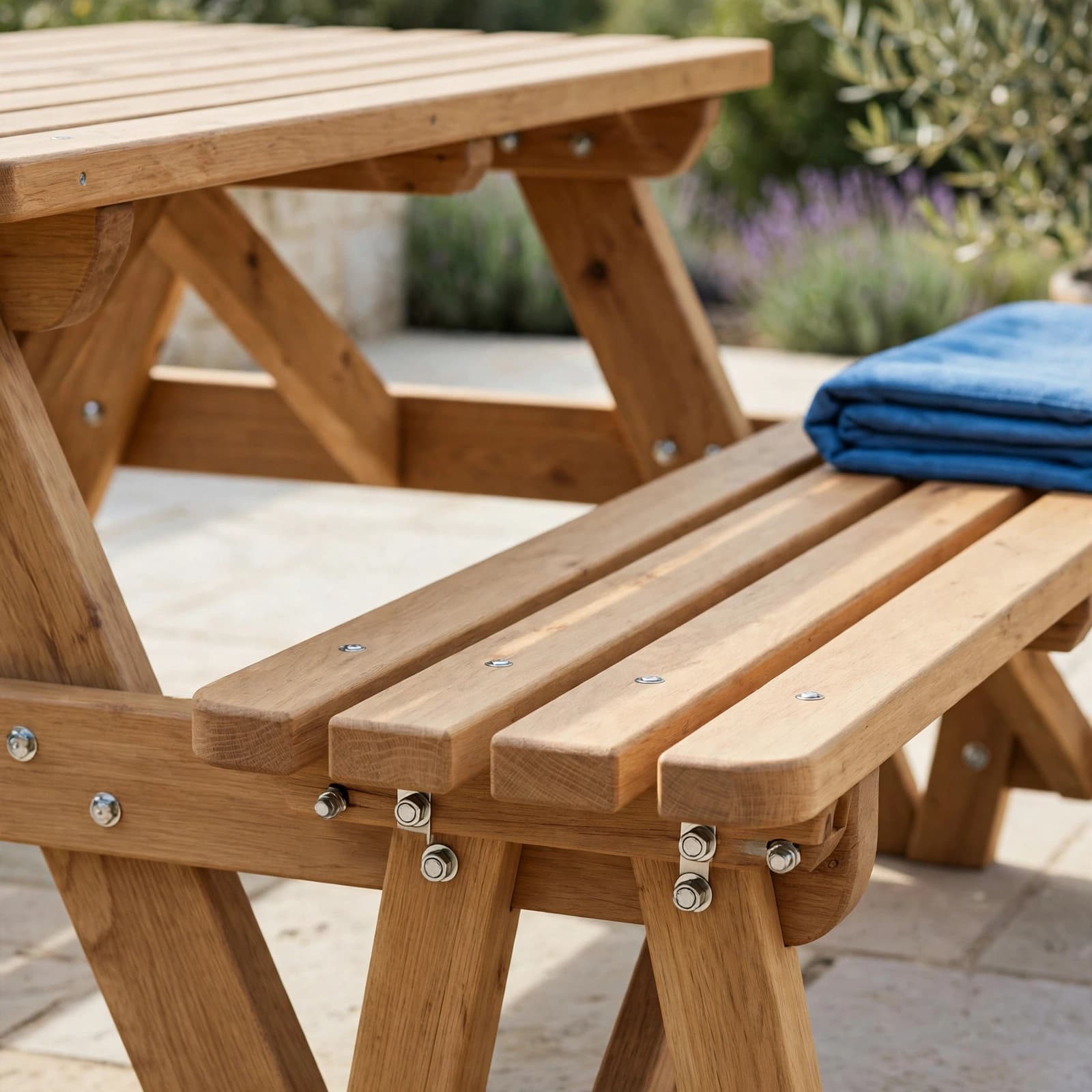 A timber picnic table and bench with rounded slats and sturdy joints.