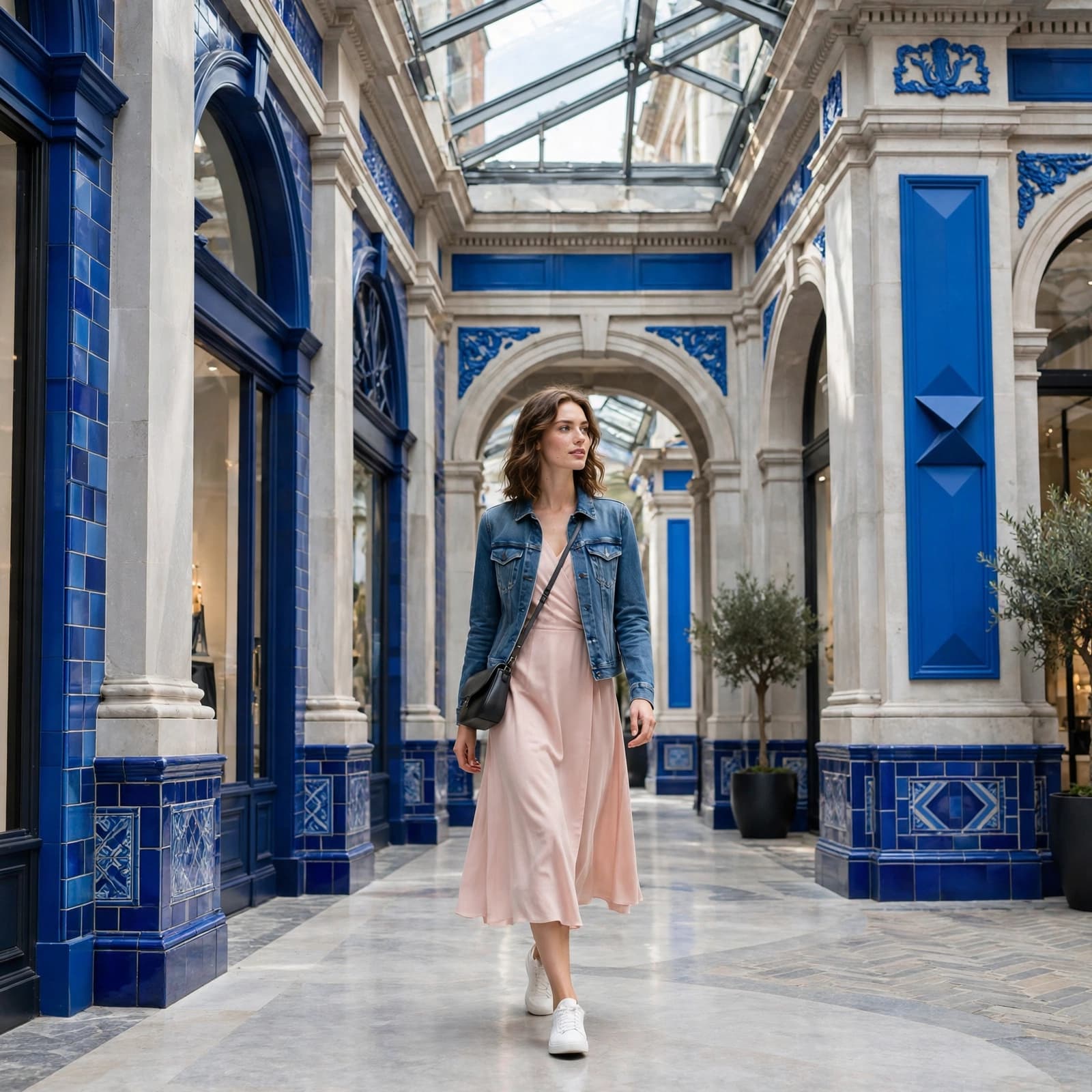 Woman in a pink midi dress and denim jacket walking through a blue-accented arcade.