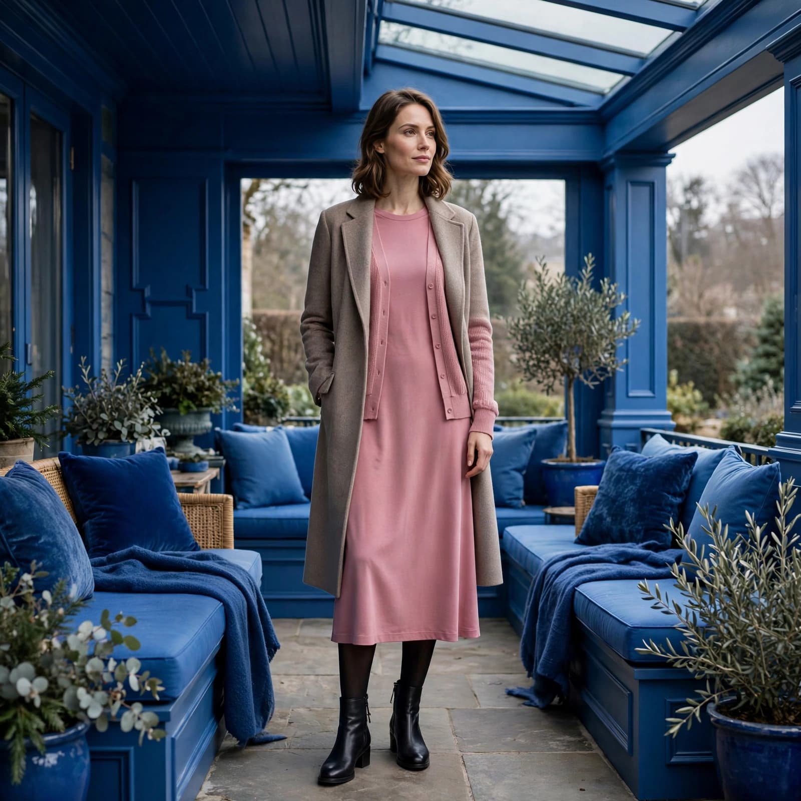 Woman in a pink midi dress and wool coat on a blue-accented winter terrace.