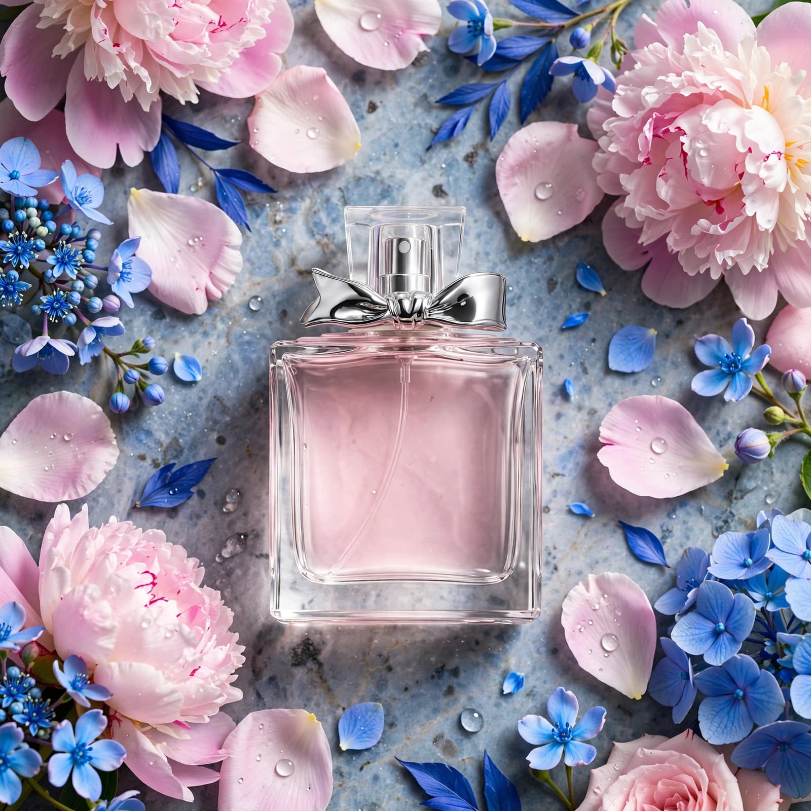 Pink perfume bottle with a silver bow, flower petals, and blue accents on stone.