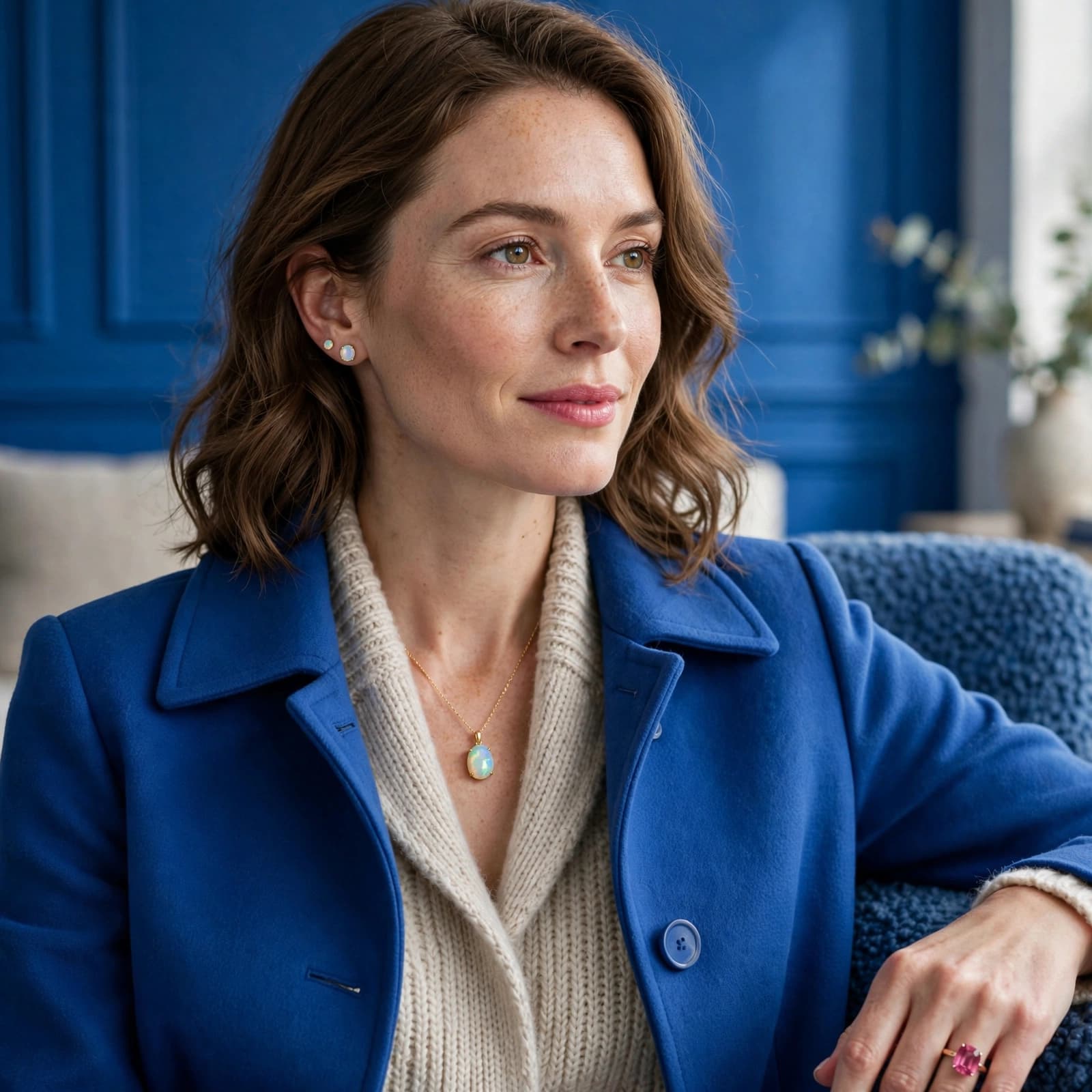Woman in a blue coat wearing opal jewellery and a pink tourmaline ring.