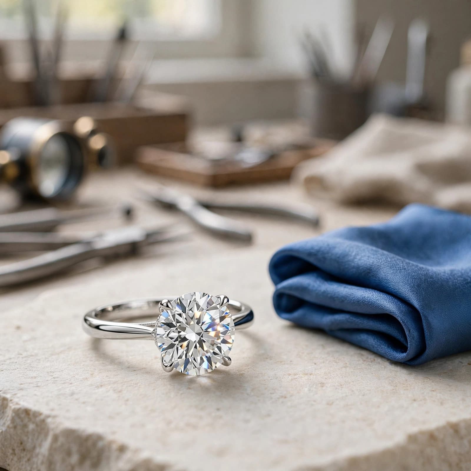 Engagement Rings for Women: A UK Buyer's Guide 1 A platinum solitaire engagement ring rests beside folded blue silk.