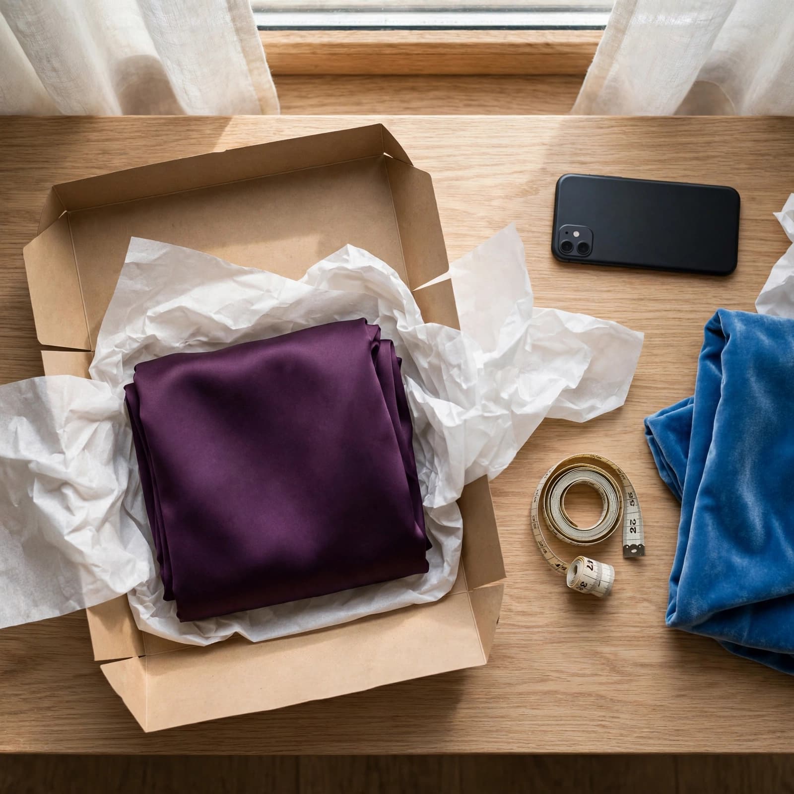 A folded plum dress, measuring tape, tissue paper, and phone on a bench.