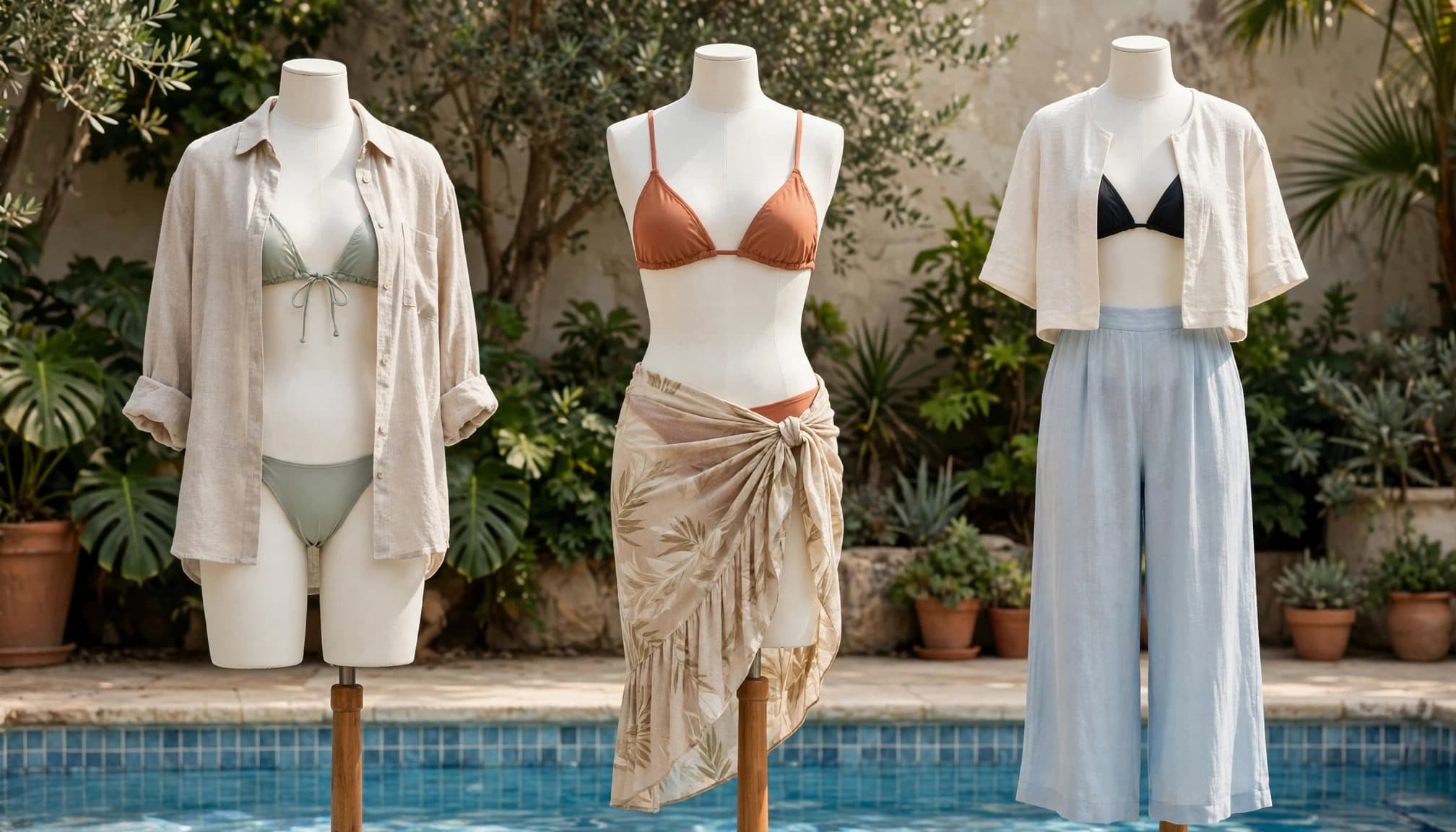 Micro Bikini Buyers Guide: Fit, Fabric and Confident Choices 3 Three dress forms show bikini outfits styled with a shirt, sarong, and lightweight trousers.