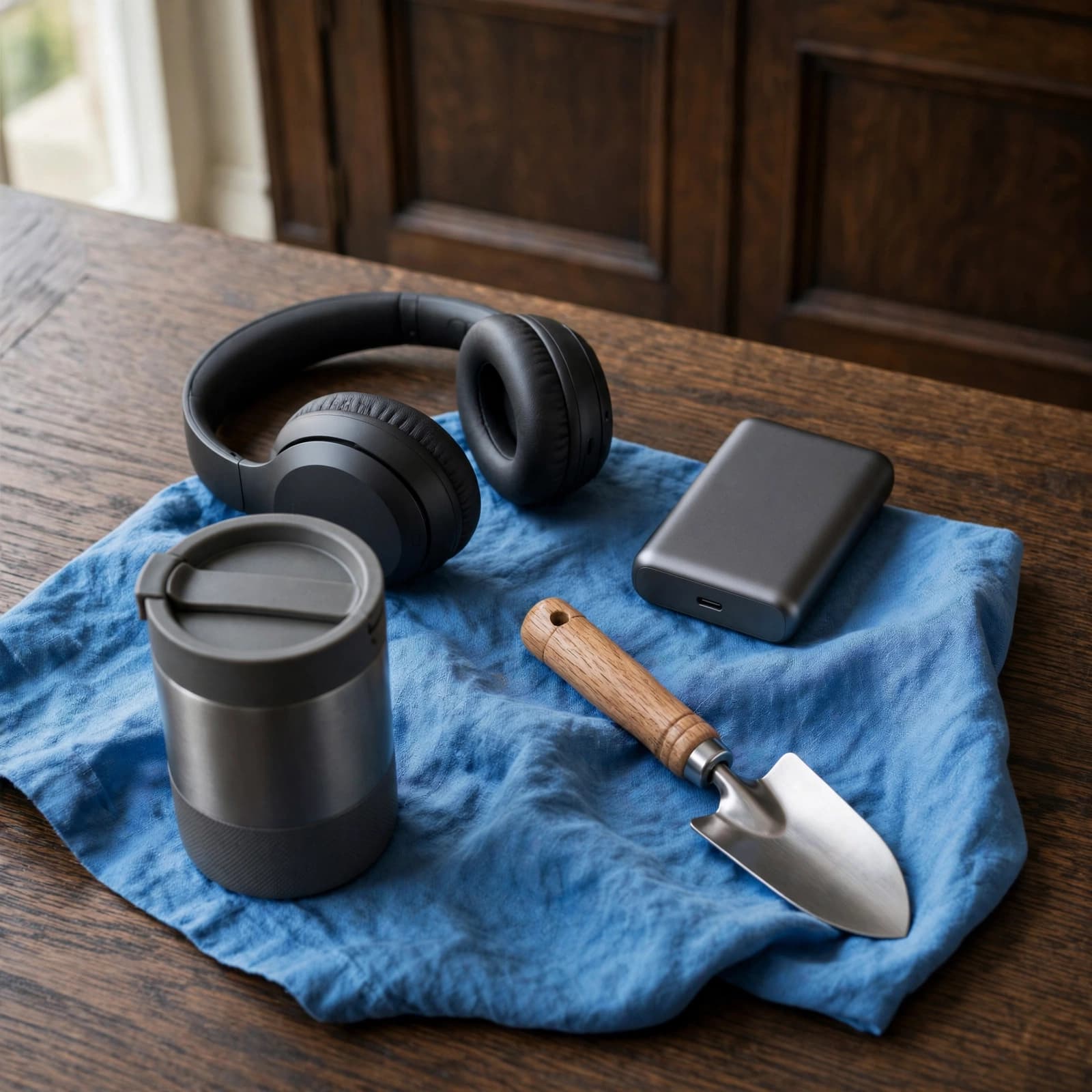 Headphones, a power bank, travel mug, and gardening tool arranged on a dark oak sideboard.